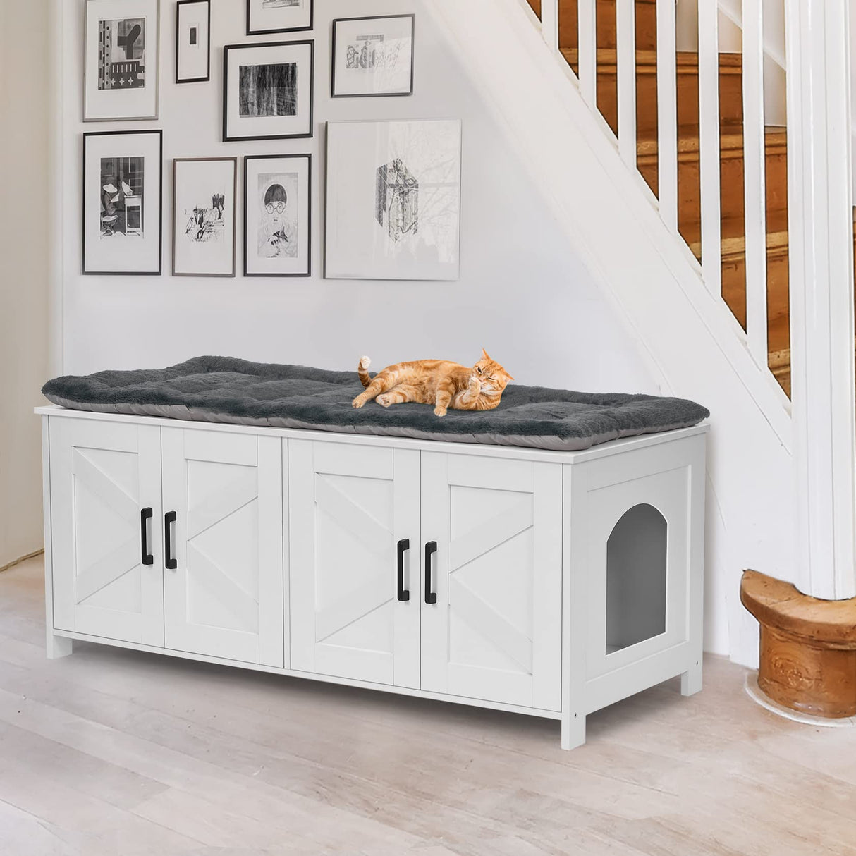 Homhedy Cat Litter Box Enclosure For 2 cats, Litter Box Furniture Hidden with Double Room,Wooden Cat Washroom Furniture,Cat House,47.2”L x 19.7”W x 19.7”H,White Homhedy