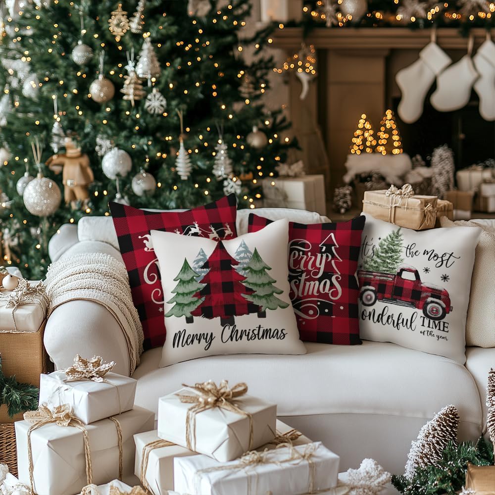 GEEORY Merry Christmas Throw Pillow Covers 18x18 Inch Set of 4, Xmas Trees Truck Buffalo Plaid Believe Farmhouse Decorative Cushion Cases for Home Decoration G421-18 GEEORY
