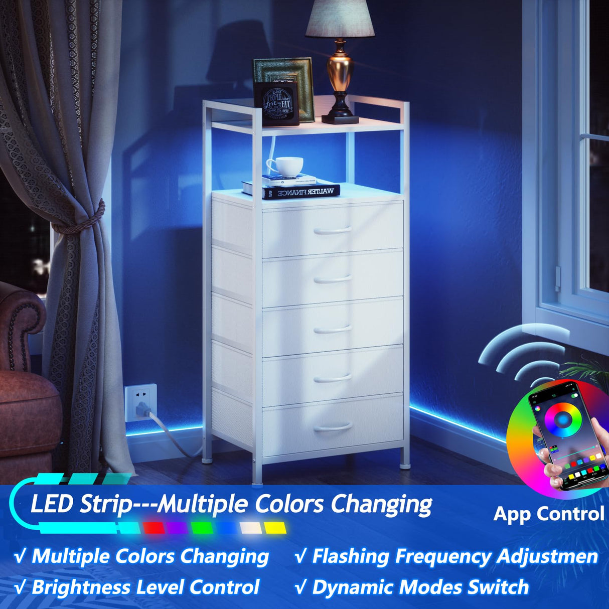 Furnulem White Nightstand with 5 Storage Drawer, Tall Dresser for Bedroom with Led Light and Charging Station, Side Table Nightstand for Closet, Fabric Bins, Metal Frame, Wood Shelf(White) Furnulem