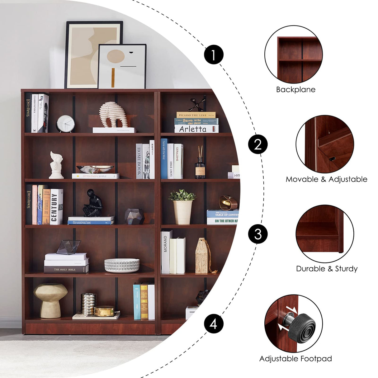 Farini Cherry Bookshelf 5 Shelf Office Bookcase 60 Inches Tall Modern Wood Bookshelf for Living Room Office Farini