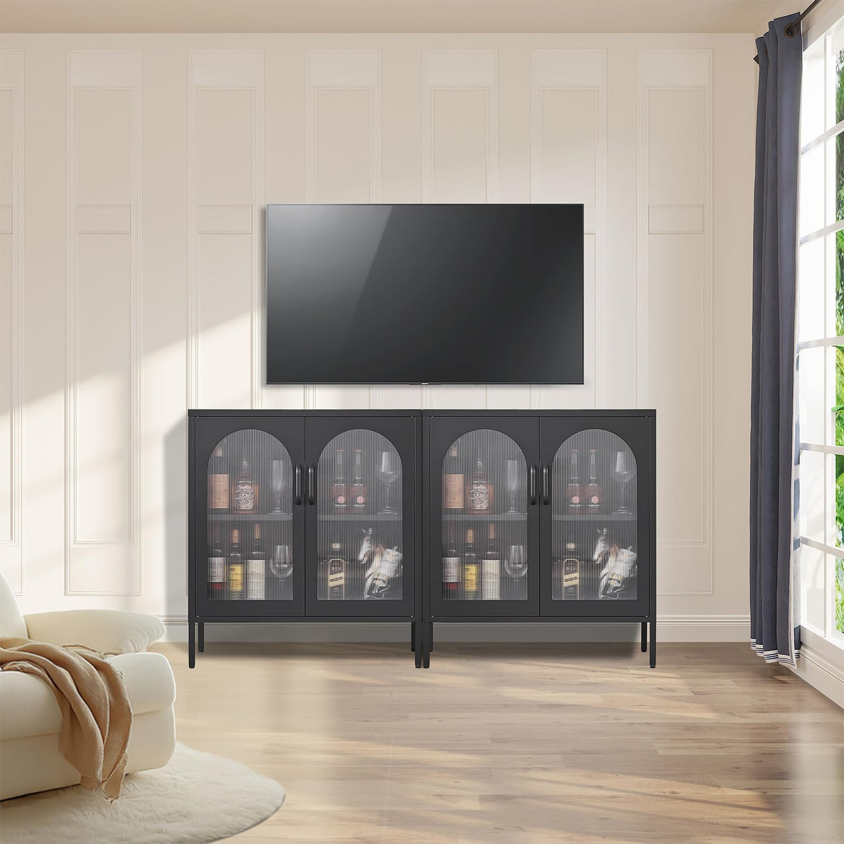 FURSTEL Buffet Cabinet, Modern Industrial Style Sideboard Buffet Cabinet, with Adjustable Shelves Credenza for Living Kitchen Dining Farmhouse, 15.8" L x 27.6" W x 35" H Black FURSTEL