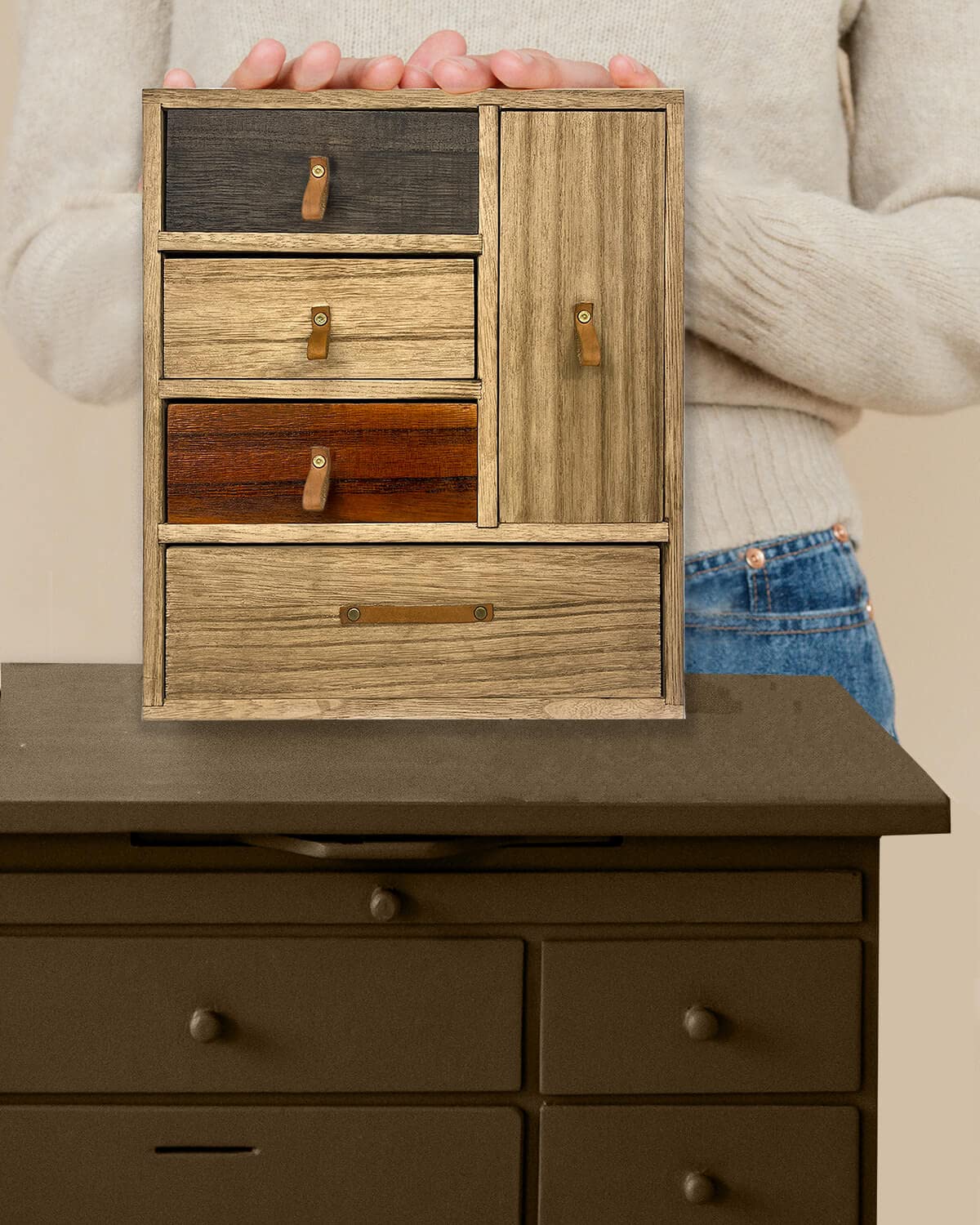 Ylu Yni Mothers Day Gifts for Mom Jewelry Box with 4 Drawers and Collection Cabinet, Earrings, Necklaces, Rings, Sunglasses Organizer for Women, Rustic Farmhouse Torched Wood, Brown Ylu Yni