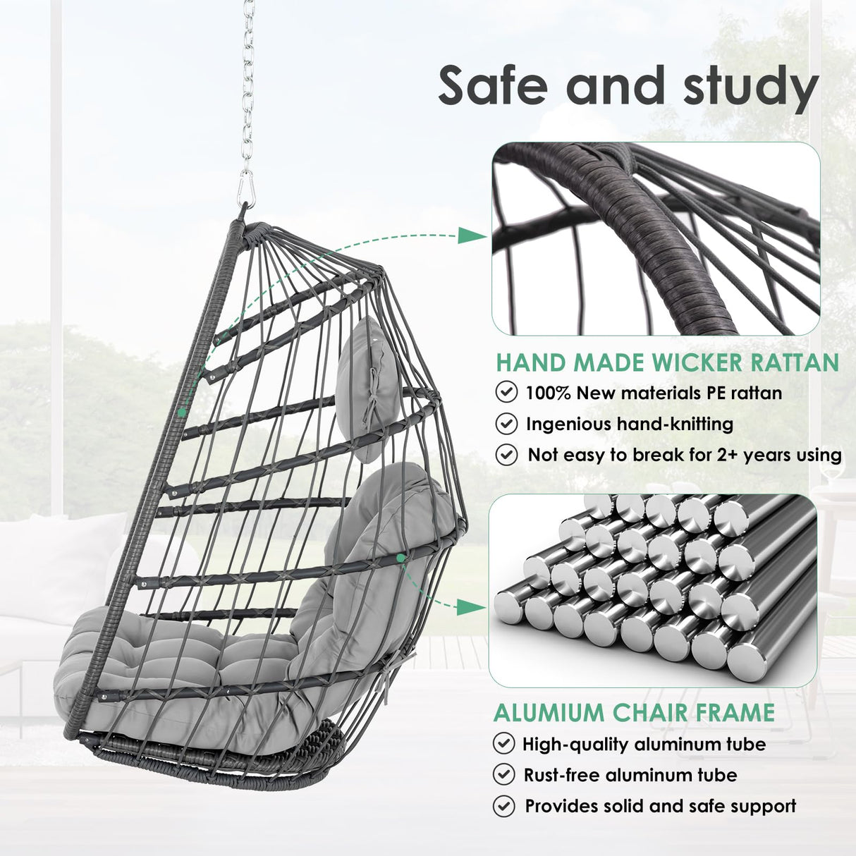 Hanging Egg Chair Without Stand - Foldable Indoor Outdoor Wicker Rattan Swing Egg Chair with Hanging Chain Hammock Chair - UV Resistant Cushions & Aluminum Frame for Bedroom Patio Camping (Grey) XIAO WEI