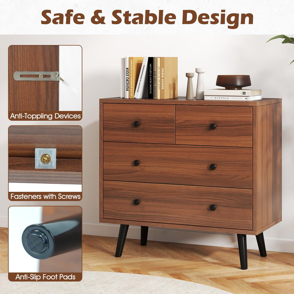 GOFLAME 4 Drawer Dresser for Bedroom, Modern Chest of Drawers, Wood Storage Dresser Organizer for Closet, Living Room, Hallway, Entryway, Walnut GOFLAME