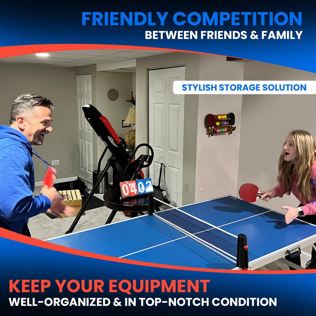 WAKUBON Ping Pong Paddle Holder Wall Mount Storage Rack - Table Tennis Racket Display Accessories Organizer - Holds 6 Paddles and 12 Balls - with Flip Scoreboard WAKUBON