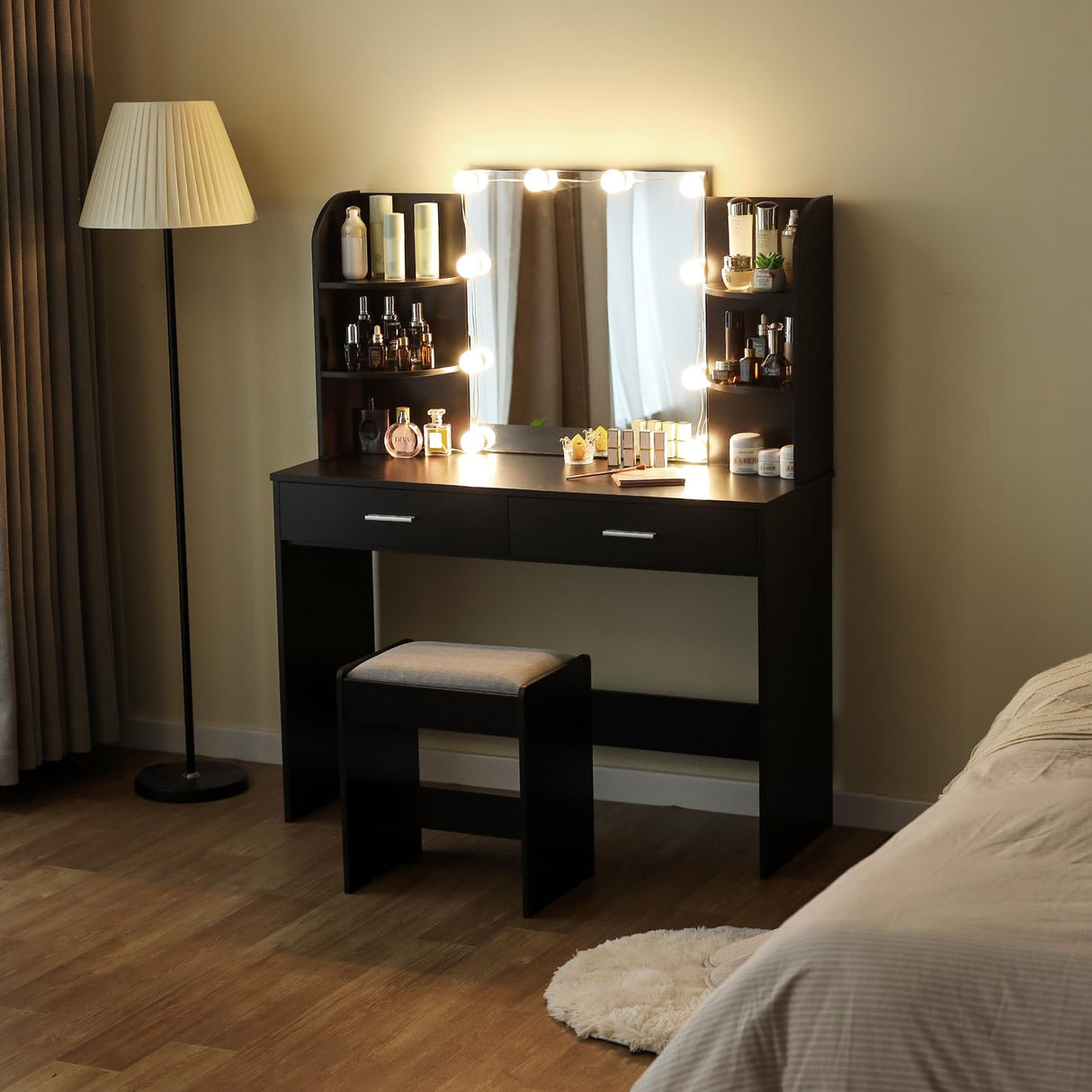 usikey Makeup Vanity with Mirror and 10 LED Lights, Vanity Makeup Table Set with 2 Drawers and Open Shelves, Makeup Vanity Desk Dressing Table with Cushioned Stool, Black usikey