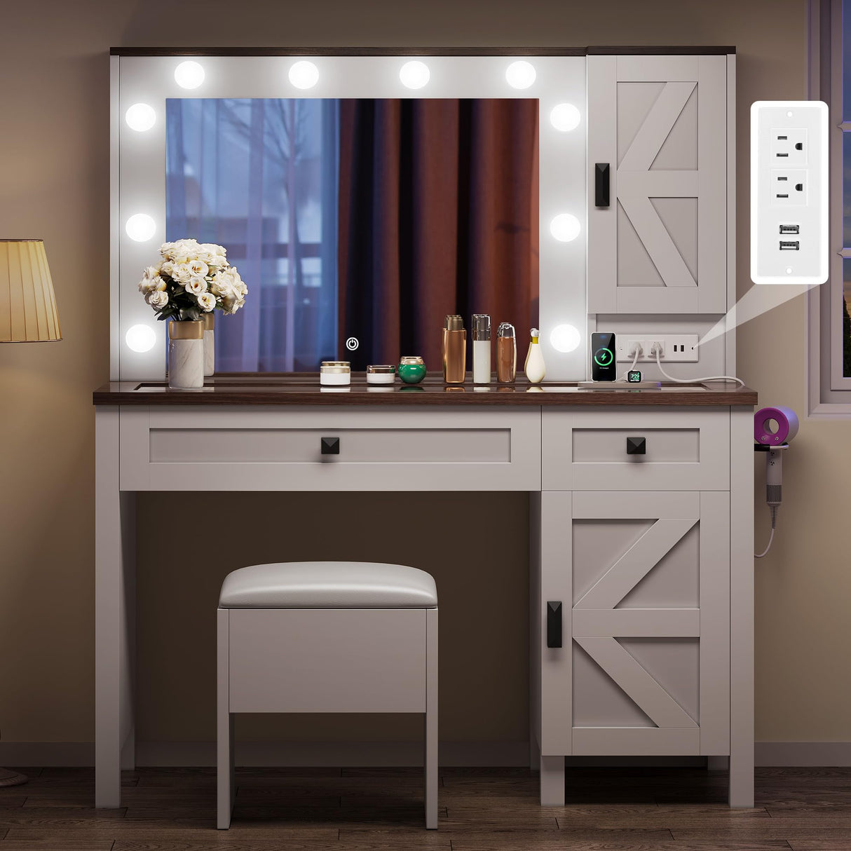 YITAHOME Farmhouse Makeup Vanity Desk with Mirror and Lights, Retro Big Vanity Table Set with Charging Station, Makeup Desk with 2 Drawers & 2 Cabinets, 10 Dimmable Light Bulbs, for Bedroom, White YITAHOME