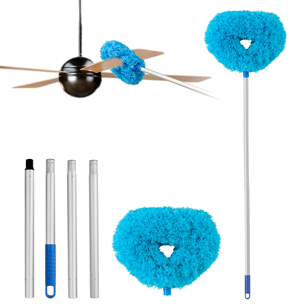 Ceiling Fan Cleaner Duster Reusable Microfiber Ceiling Fan Blade Cleaner Removable Duster with Extension Pole Adjusts 13 to 49.7 Inch for Cleaning Walls Bookshelves Furniture Door Window Top (Blue) Heonay