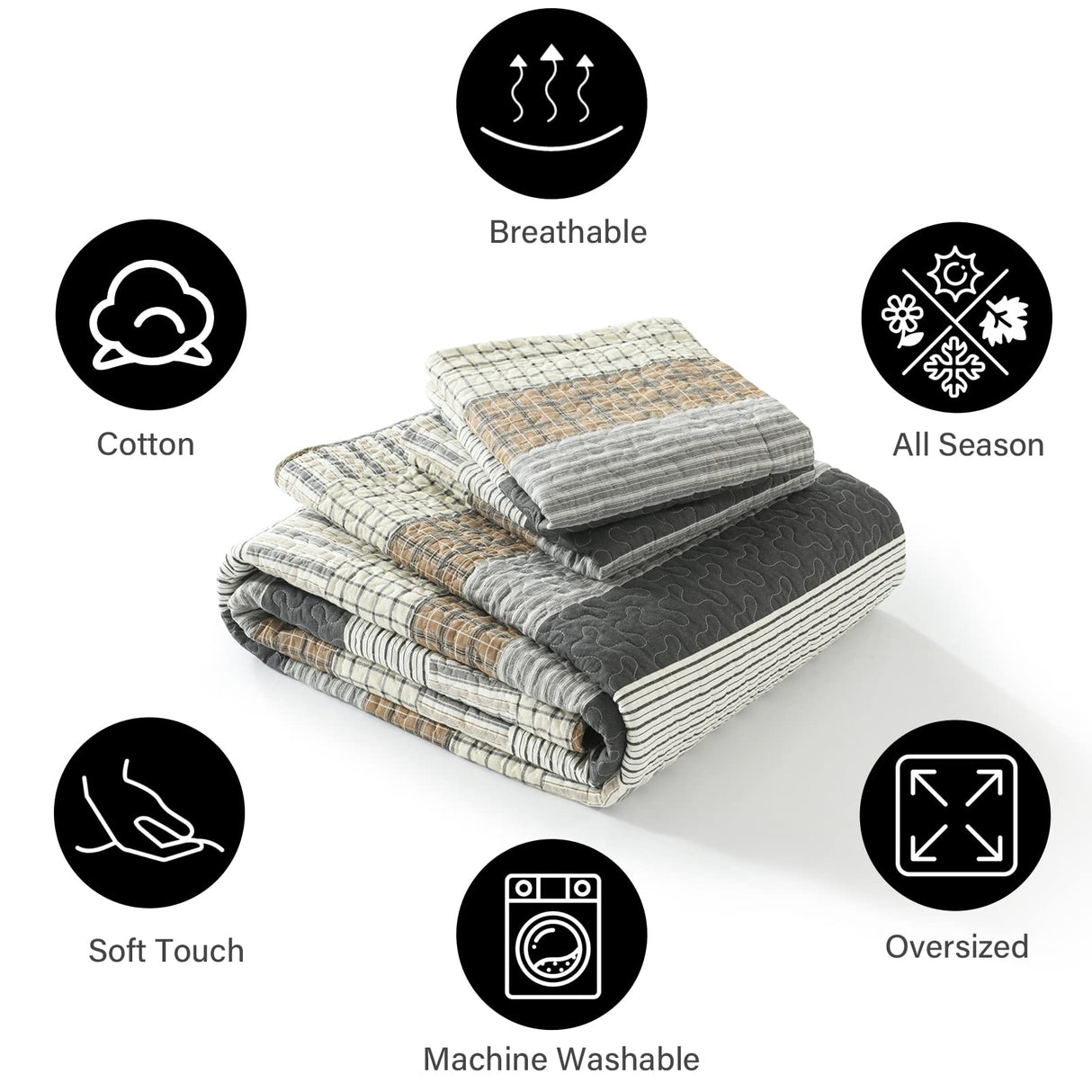 PANGUSHAN 100% Cotton Quilt Set King Size, Patchwork King Quilt Bedding Set Bedspreads, Farmhouse Lightweight Comforter Reversible Quilt, White/Brown/Grey Bed Spread for All Season, 3 Pieces PANGUSHAN