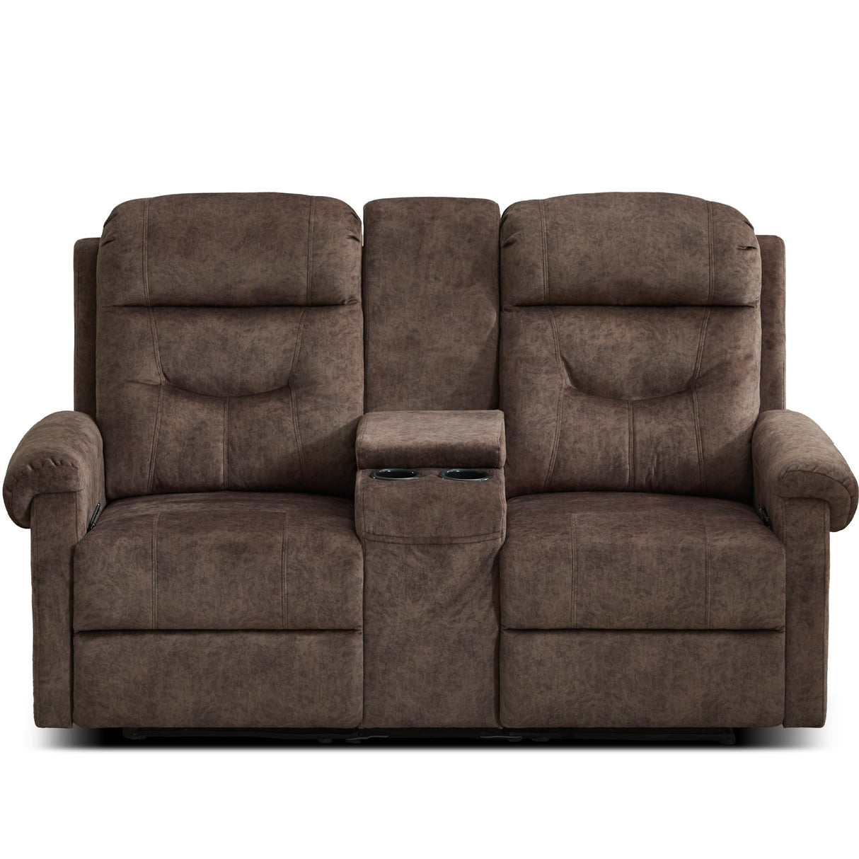 DRMBOOK RV Loveseat Recliner Sofa with Console, Velvet Fabric Double Wall Hugger Reclining Couch Manual Home Movie Seating 2 Person Recliner Chair with Cup Holders/Storage/Pocket/Lumbar Pillow, Brown DRMBOOK