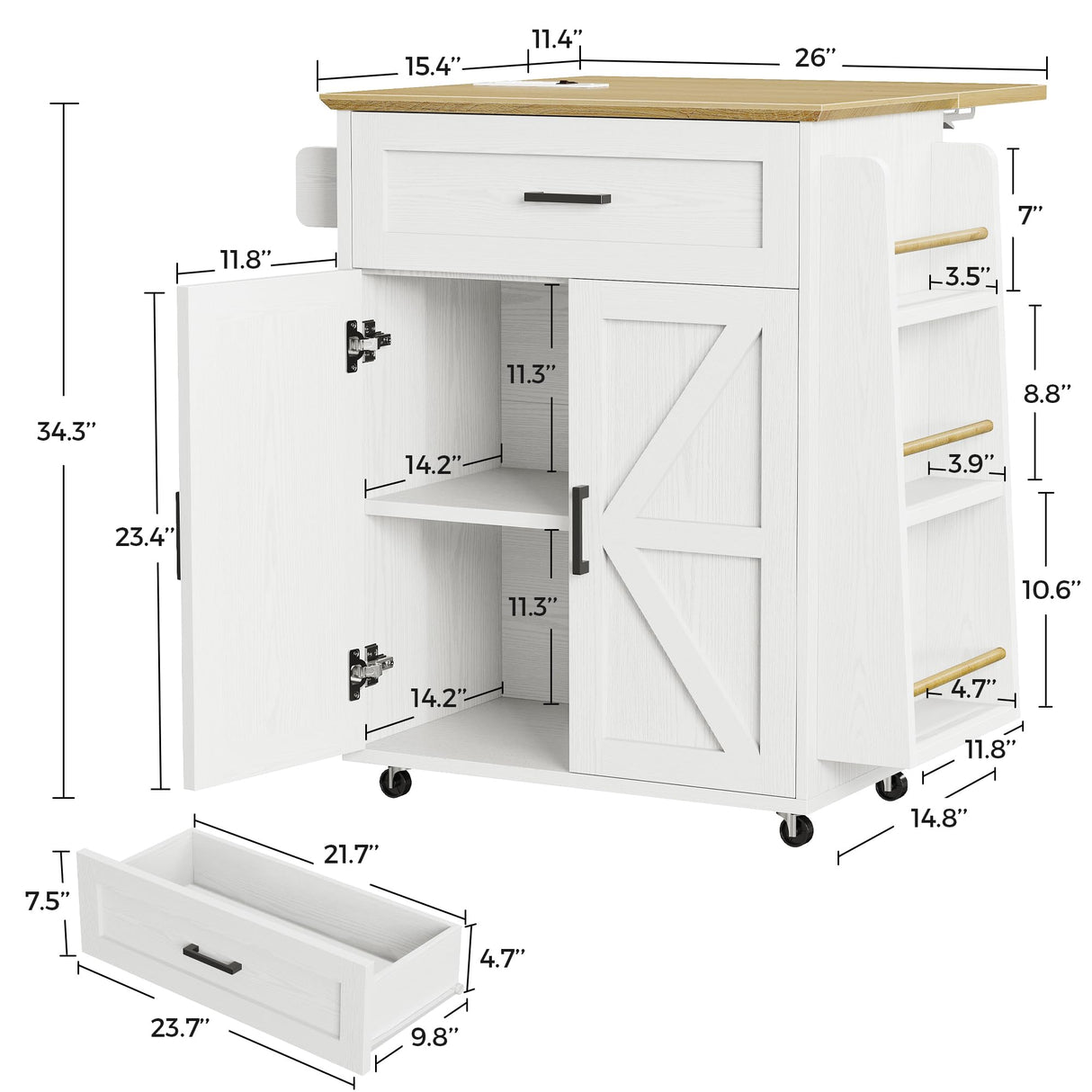 IRONCK Kitchen Island Table with Storage, Rolling Kitchen Cart with Power Outlet, Storage Cabinets on Wheels with Drop Leaf, Portable for Dining Room, White IRONCK