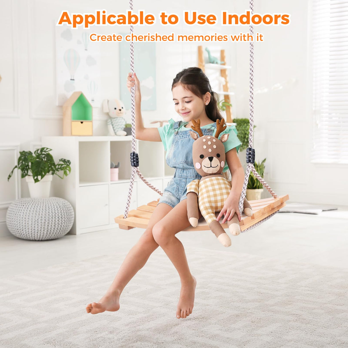 Wooden Tree Swing,Wooden Swing for Adults/Kids with 500lbs Load Capacity,Adjustable Hemp Rope Plus Tree Straps 100 inch, Hanging Wooden Swing for Indoor, Outdoor, Garden,Yard,Backyard (Curved Wooden) GEKMOR