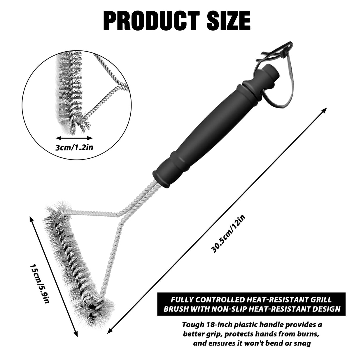 12 in Long Handle Barbecue Brush, BBQ Brush, Stainless Steel Brush Head, Barbecue Cleaning Brush with Lanyard, Suitable for All Kinds of Metal, Porcelain, Infrared Barbecue Grill WAKCHOU