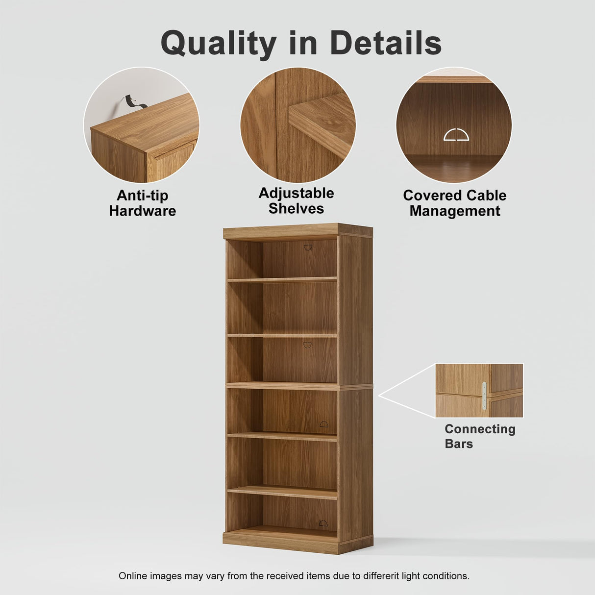 Casaphoria 72" H Wooden Bookcase, Heavy Duty Bookshelves, 6-Tier Wide Bookshelf with Large Storage Space for Home Office, 72" H x 31" W x 16" D, 126Lb, Oak Casaphoria