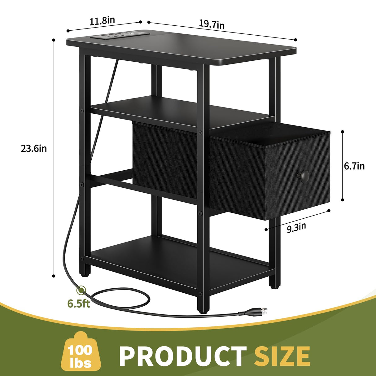 Yoobure Narrow Side Table, LED End Table with Charging Station, 3-Tier End Tables Living Room with Adjustable Fabric Drawer, Small Nightstand with Outlets, Storage Night Stand for Bedroom Small Spaces Yoobure