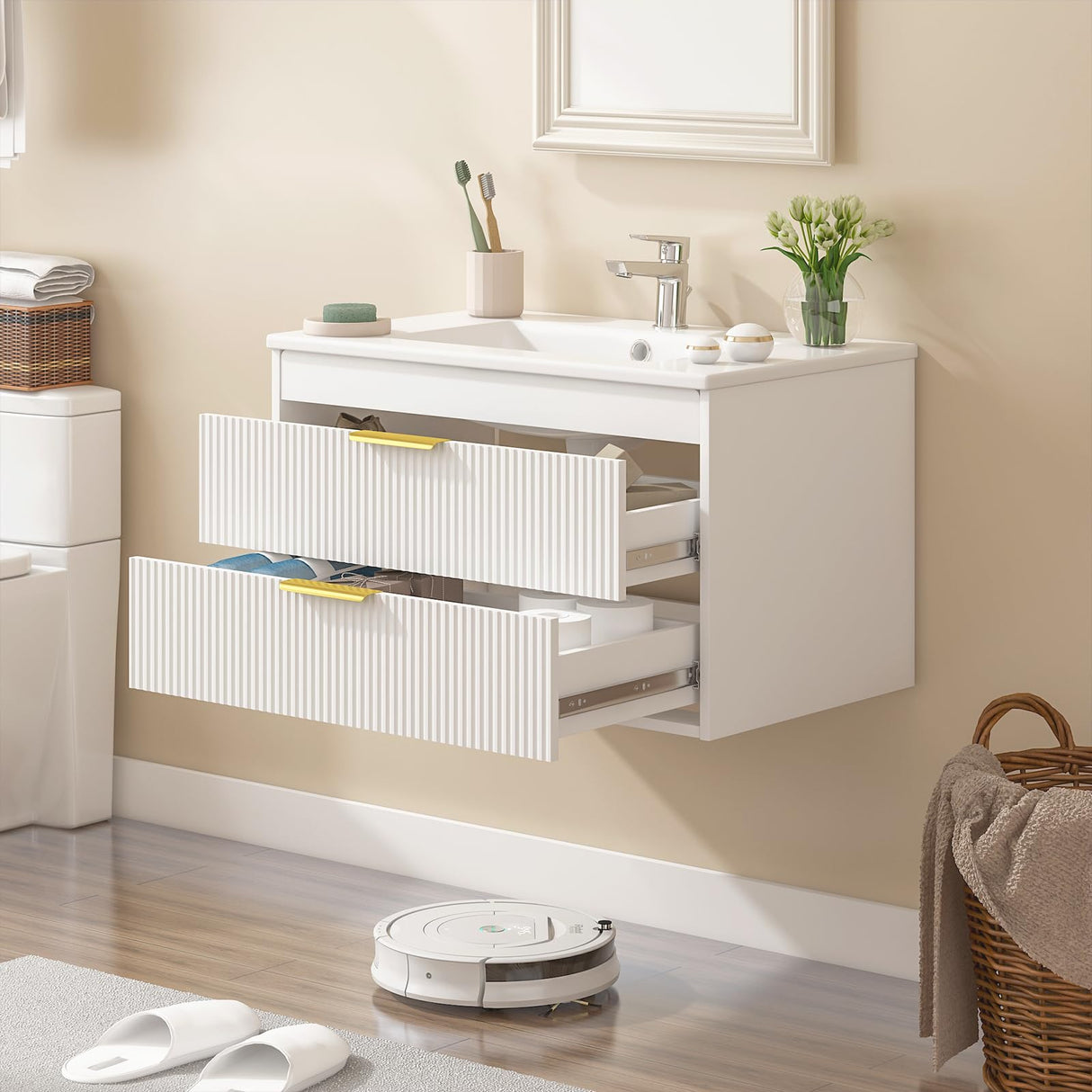 30" Bathroom Vanity Cabinet with Ceramic Sink, Wall-Mounted Floating Vanity, Integrated Sink, 2 Large Storage Drawers, with Sensor LED Light, Metal Handles, for Small Bathroom, Home, Spa, Hotel, White Kikihouse