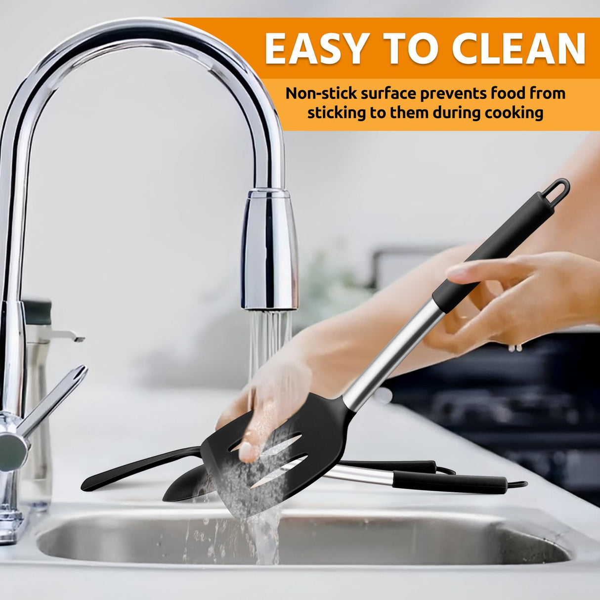 E-far Silicone Spatula Set of 2, Solid & Slotted Turner for Nonstick Cookware, Heat Resistant Rubber Kitchen Cooking Utensils for Flipping Fish Pancake Egg - Black E-far