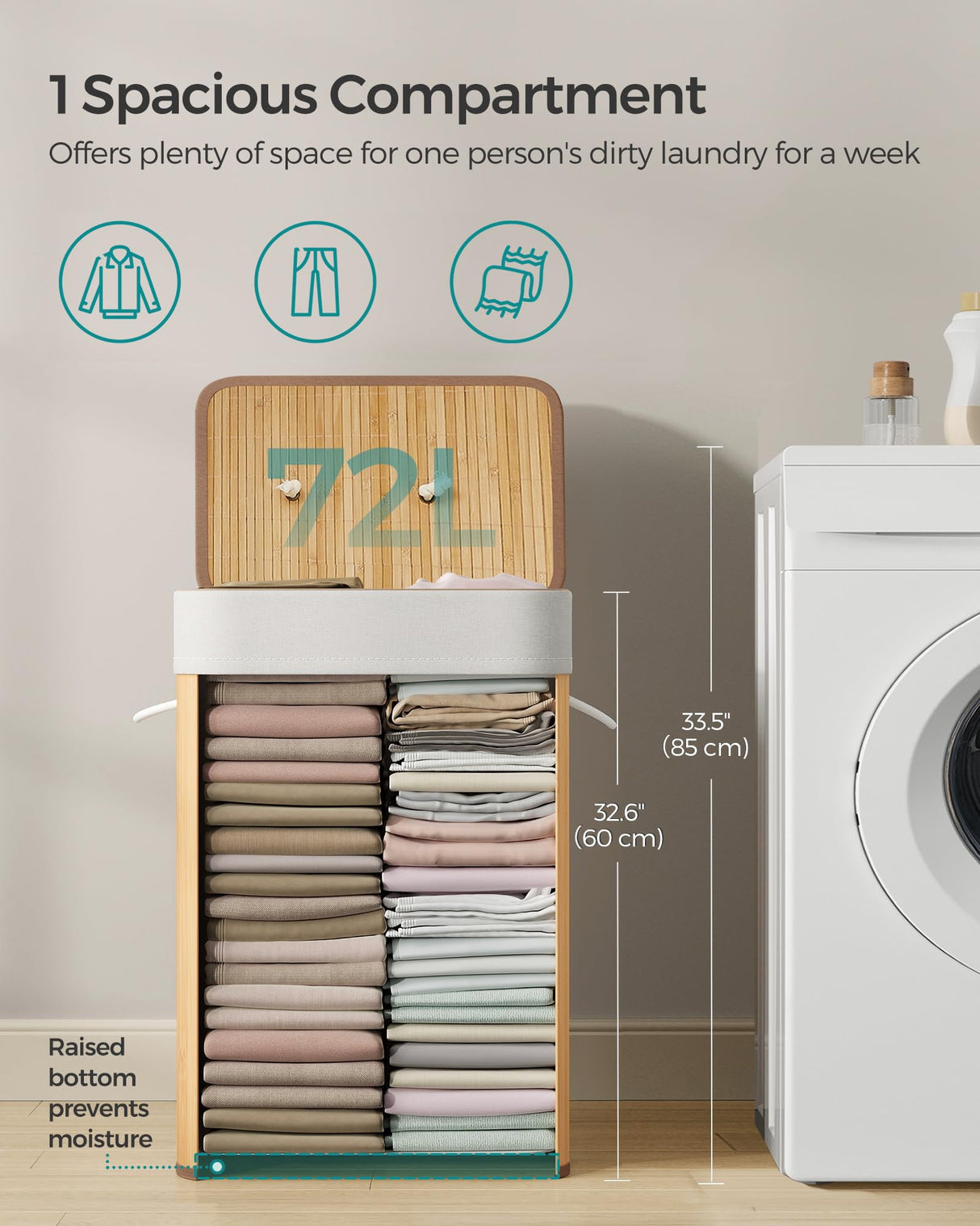 SONGMICS Foldable Laundry Hamper with Lid, 19 Gal. Bamboo Laundry Basket, Rectangular Storage Hamper with 3 Handles, 15.7 x 11.8 x 23.6 Inches, for Laundry Room, Bedroom, Natural ULCB10YV1 SONGMICS