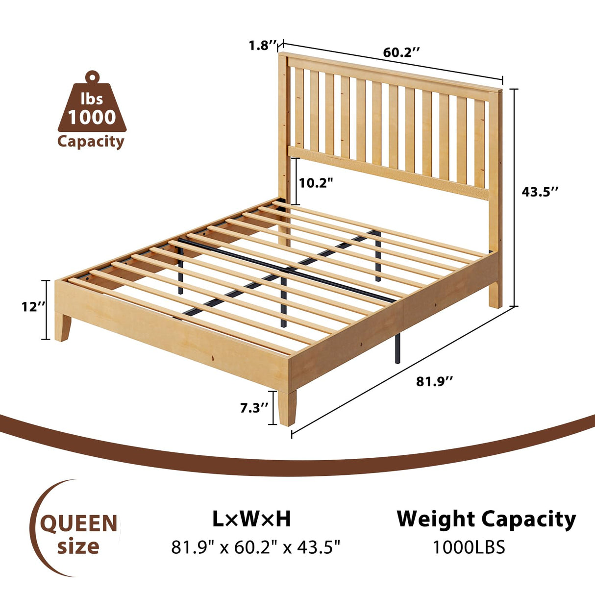 LUXOAK Solid Wood Bed with Headboard, Queen Size Platform Bed Frame with Solid Wood Foundation, Slat Support/No Box Spring Needed/Easy Assembly, Natural Oak LUXOAK