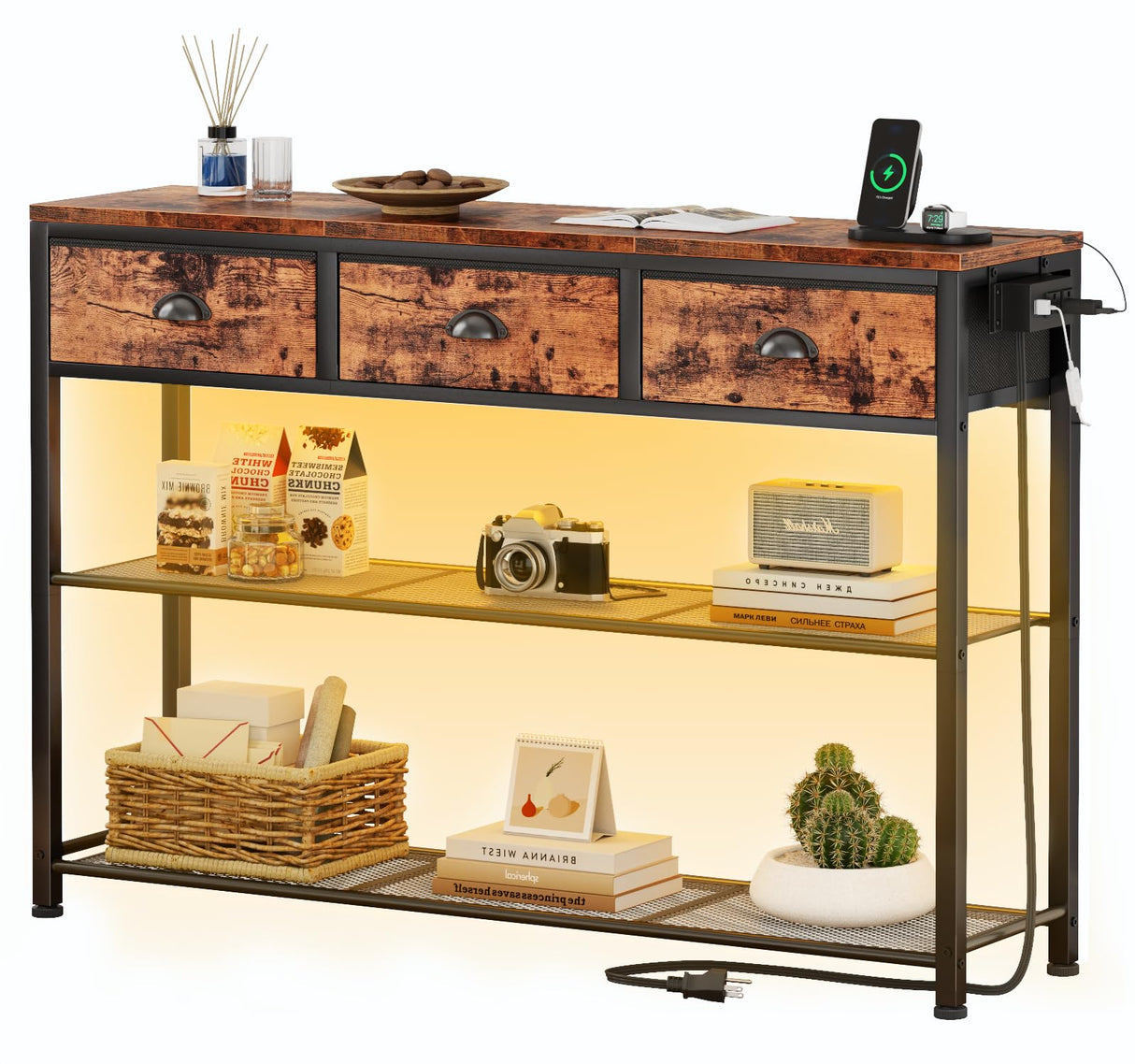 Furologee Console Table with Charging Station & 3 Fabric Drawers, 38'' Entryway Table with Storage Shelves and LED Light, Industrial Foyer Table for Entry Way, Display Shelf for Hallway, Rustic Brown Furologee