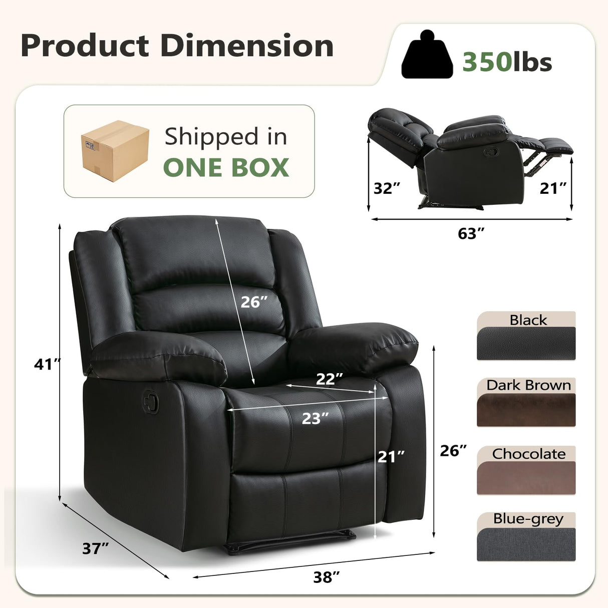 ANJ Black Recliner Chair Set of 2, with Overstuffed Arm and Back, Breathable Faux Leather Manual Reclining Chairs, Living Room Single Sofa Recliners ANJ