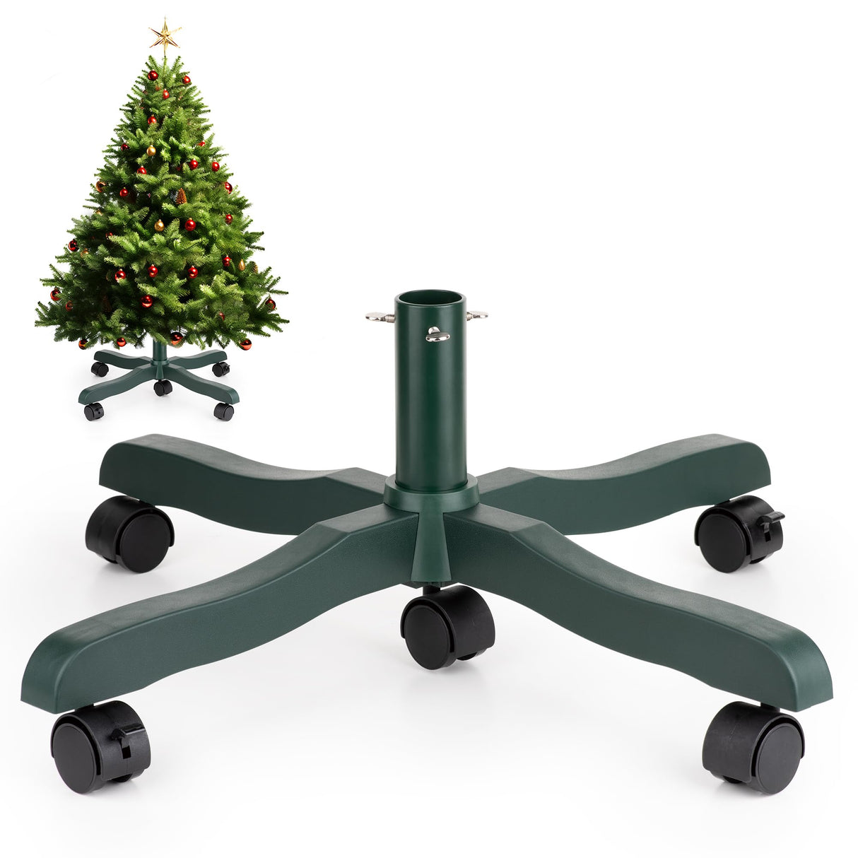 GuuG Christmas Tree Stand Base: Rolling Christmas Tree Stand for Artificial Fake Tree Xmas Tree Stand with Wheels Holder Replacement up to 6ft, Fits 1.4 Inchs Tree Pole, 23" Tree Foot Diameter (Green) 224511W GuuG