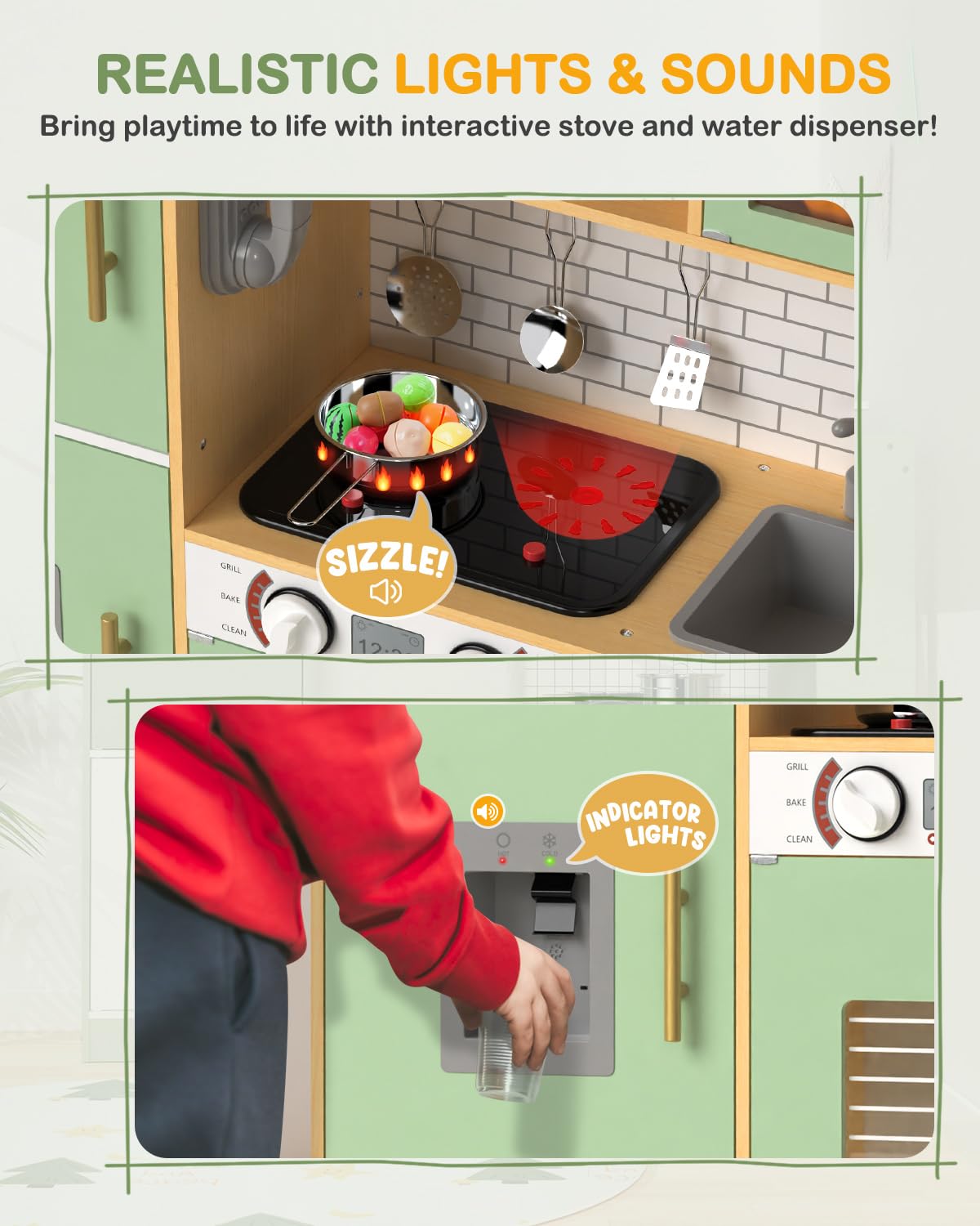 Babytronic Wooden Kitchen Playset for Kids, Interactive Play Kitchen with Lights & Sounds, Children Pretend Toy Kitchen Set with Faucet, Oven, Microwave, Kitchenware for Toddlers Ages 3+ (Green&Wood) Babytronic