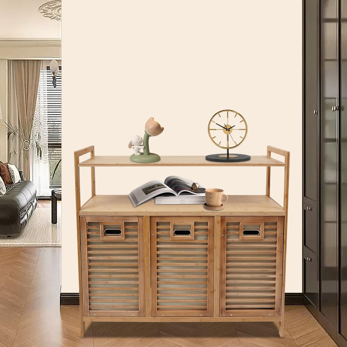 Tilt Out Laundry Hamper, Bamboo Laundry Cabinet for Laundry Room Bathroom Clothes Storage, Modern Bathroom Floor Cabinet Emmliy