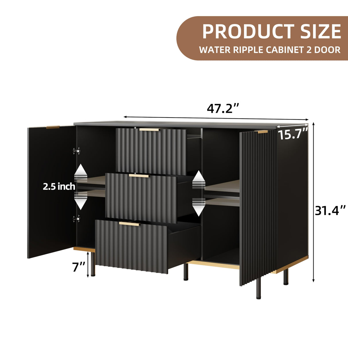 Buffets & Sideboards, Fluted Sideboard Cabinet, 2 Door 3 Drawer Design, Acceent Black Sideboard - Elegant Cabinet Ideal for Dining Room and Kitchen Storage 47.2 inch Svimi