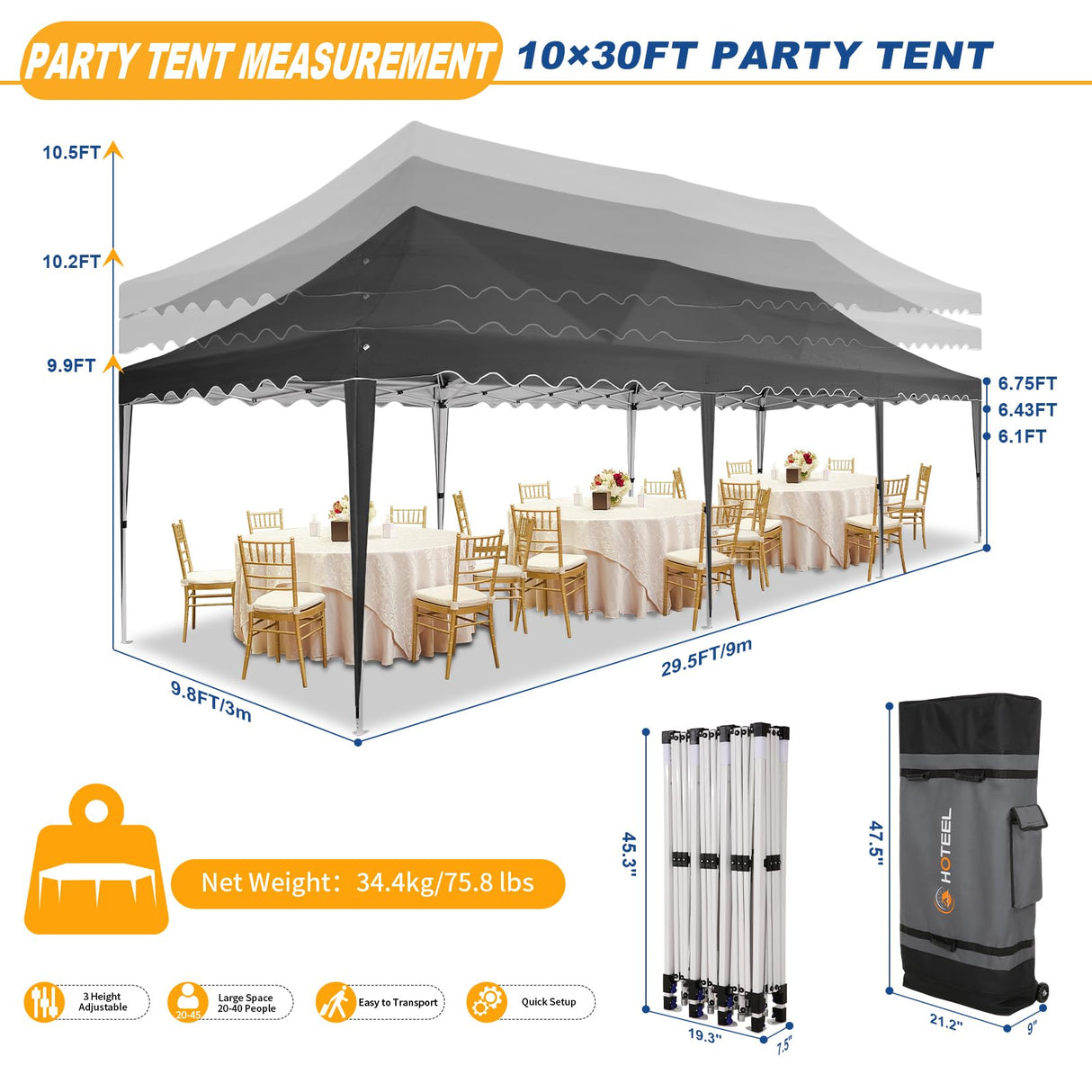 HOTEEL 10x30 Canopy Tent with Walls 10x30 Party Tent, Waterproof Easy Setup Canopy Tent 10x30 with Roller Bag and Weight Bags, Outdoor Pop Up Canopy Tent for Parties,Events,Backyard,Wedding, Black Hoteel