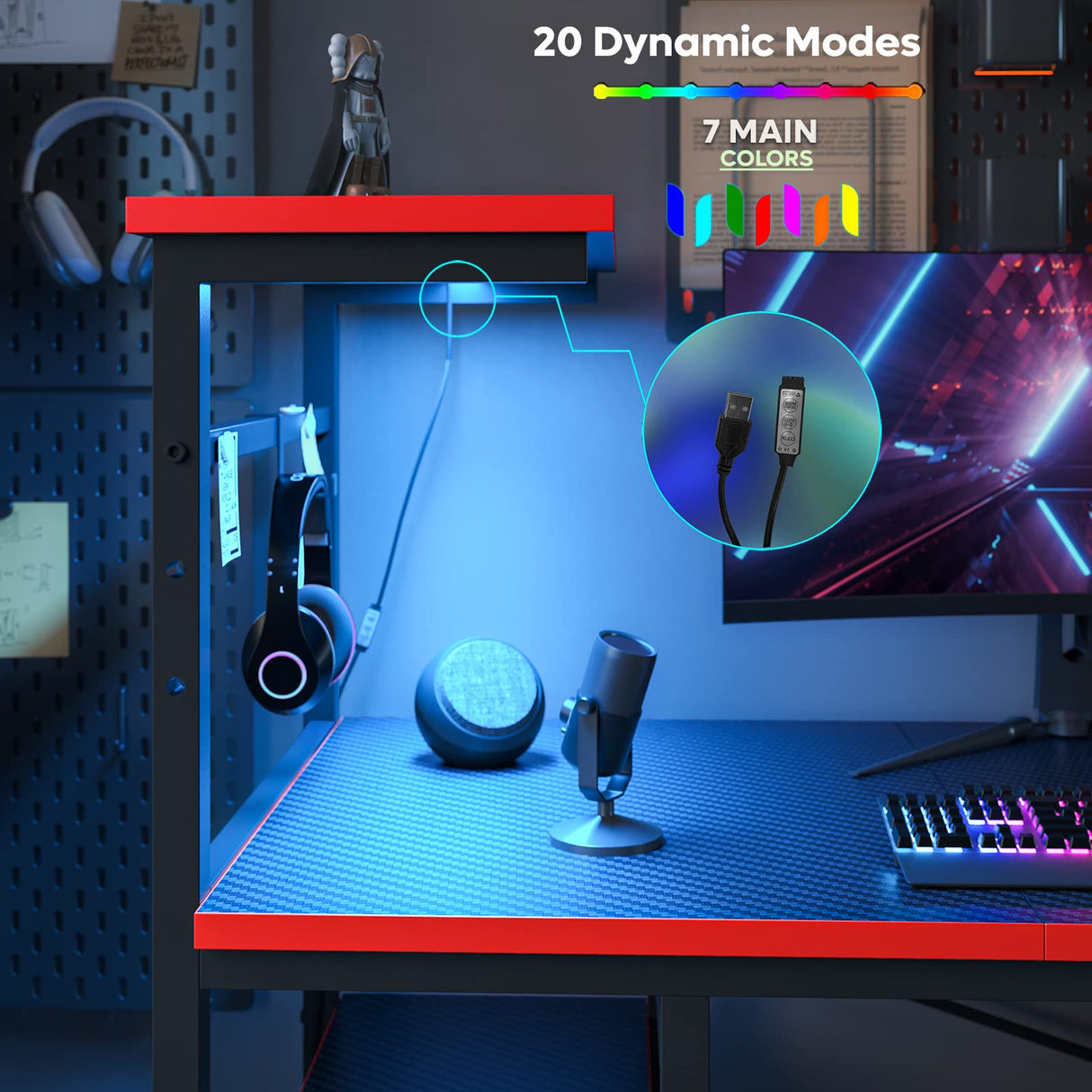 Bestier 61 Inch Gaming Desk with LED Lights, Reversible Shelves, Height Adjustable Shelf, Steel Frame, CARB P2 Class Board, Black Grained Bestier