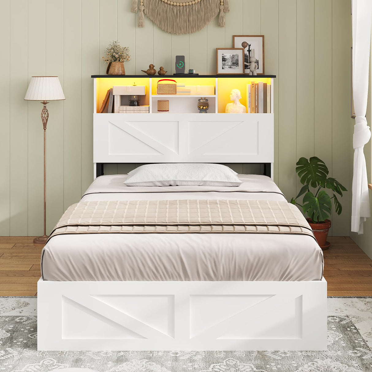 AOGLLATI Farmhouse Twin Bed Frame with 4 Storage Drawers and Charging Station,Wooden Led Twin Bed with Storage Hidden Space Headboard and Metal Slats,No Spring Box Needed,White AOGLLATI