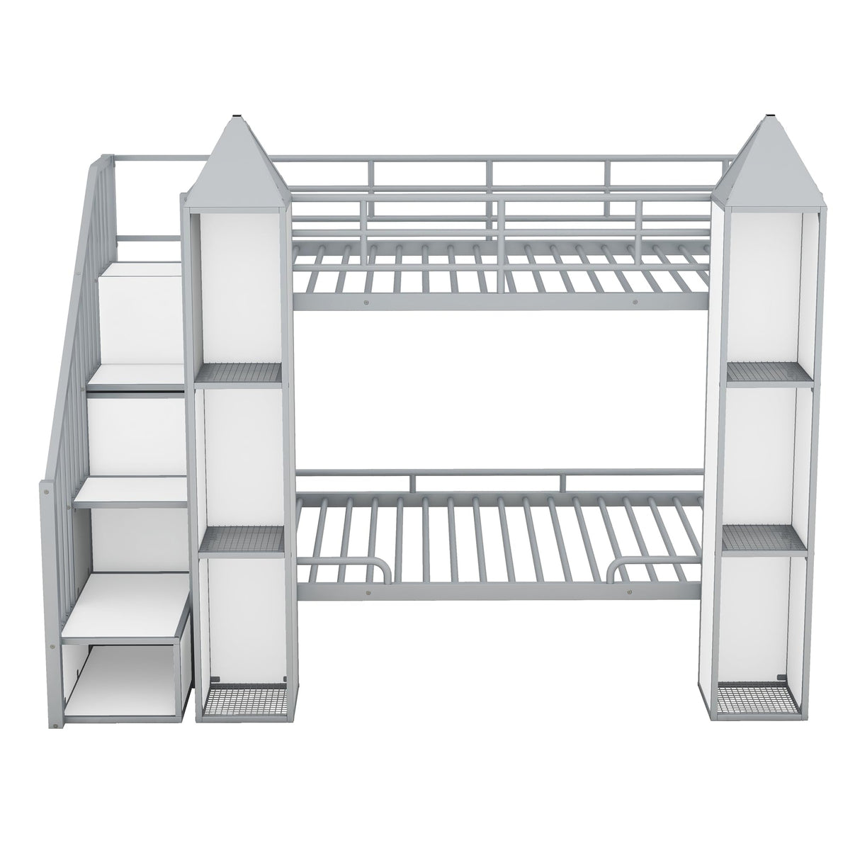 Harper & Bright Designs Twin Over Twin Metal Bunk Bed with Stairs and Storage Wardrobe, Castle-Shaped Bunk Bed Heavy-Duty Steel Frame, Noise Free,for Kids Teens Adults, Gray+White Harper & Bright Designs