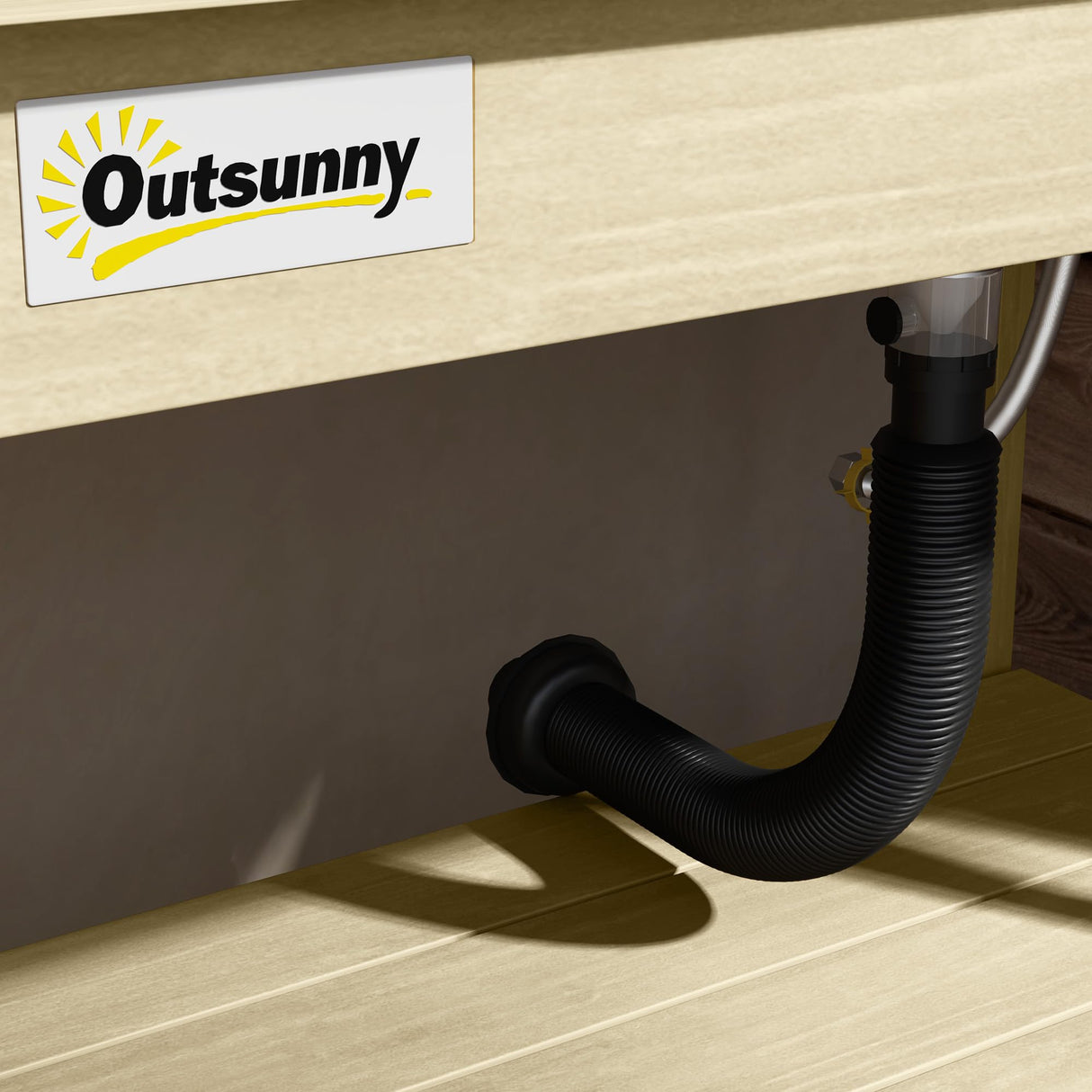 Outsunny Outdoor Wooden Potting Bench Table with Sink and Water Tap, Garden Workstation with Storage Cabinet, Storage Shelves for Backyard, Patio, Balcony, Natural Outsunny