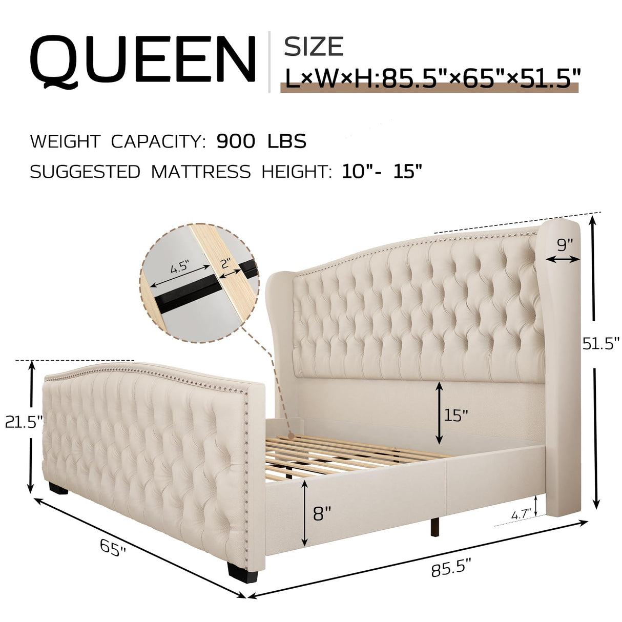 LUXOAK Queen Platform Bed Frame with Wingback Headboard, Velvet Upholstered Bed Frame with Handmade Button Tufted & Nailhead, Wooden Slats Support, Cream LUXOAK