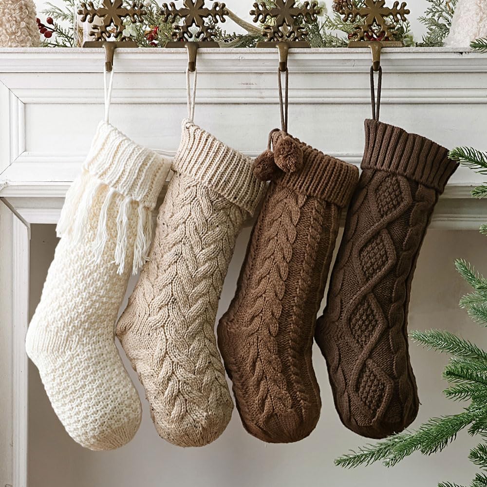 Farmhouse Knitted Personalised Christmas Stockings: 4 Pack 18 Inch Rustic Neutral Cable Knit Fireplace Stockings, Rustic Cozy Hanging Xmas Stocking Decorations for Family Holiday Décor, Earth Tones Pawliss
