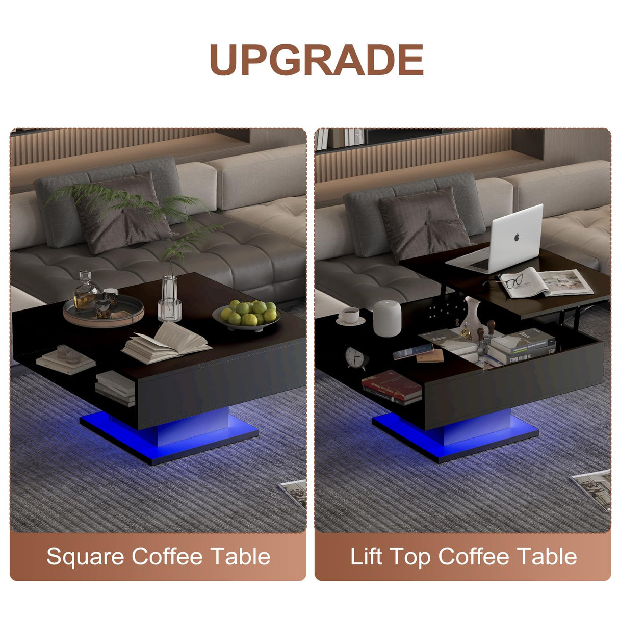 HedoAjim 30.7" Lift Top Coffee Table with Storage, Square Black Coffee Table for Living Room, Led Coffee Table with Large Hidden Storage, Wood Living Room Table Center Table for Dining Reception Room HedoAjim