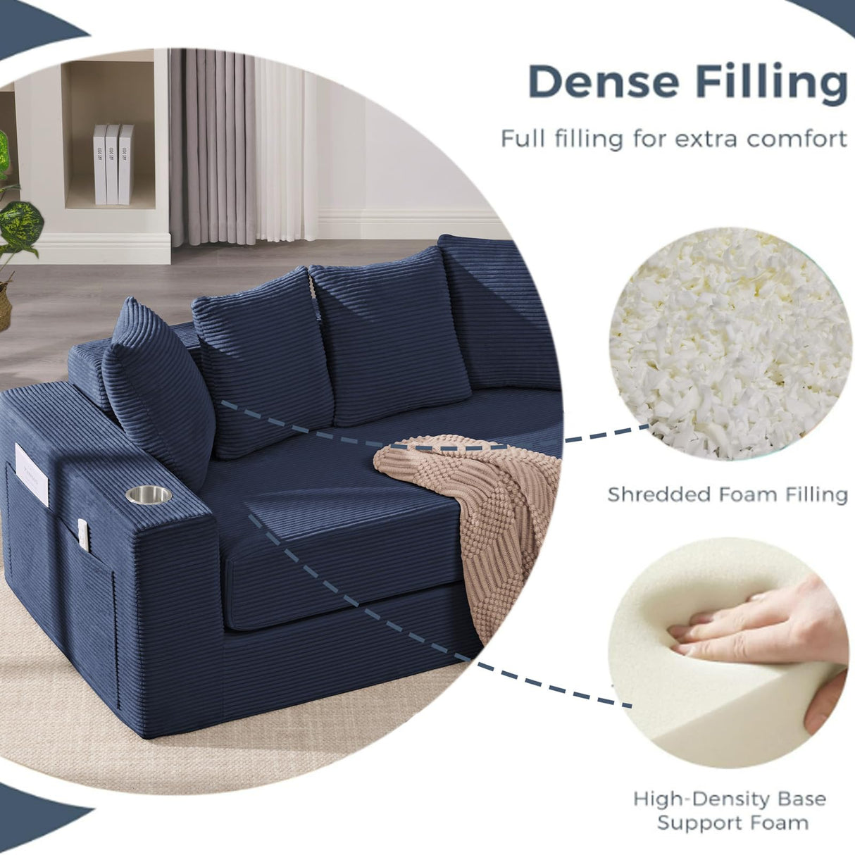 Anwick 2-in-1 Convertible Sleeper Sofa Bed, Corduroy Boneless Loveseat Cloud Couch for Living Room, Compressed Sofa in a Box, 5 Pillows, Fixed Frames, Side Pockets & Cup Holders, No Assembly (Blue) Anwick