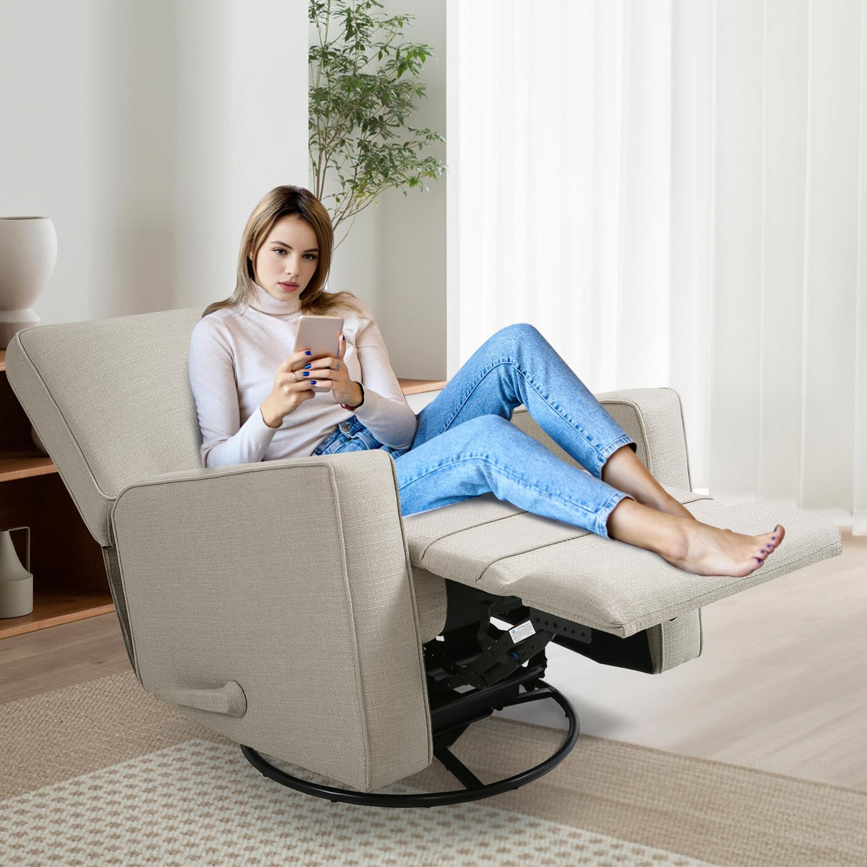 KeyEnergy Swivel Rocker Recliner Chair for Adults, High Back Fabric Recliner with Deep Seat, Manual Glider for Living Room & Nursery, Beige KeyEnergy