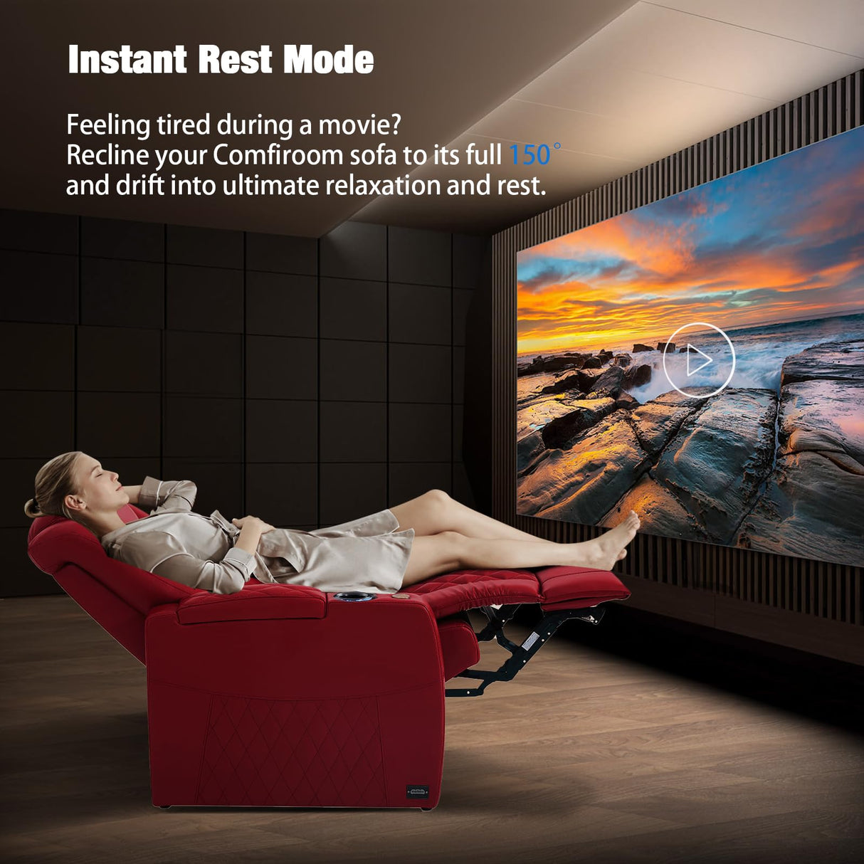 comfiroom Home Theater Seating Classic Series Top Grain Leather Loveseat Recliner Chair Dual Power Movie Theater Chairs Gaming Sofa Electric Headrest with Tray Table (Red, Row of 2 Loveseat) comfiroom