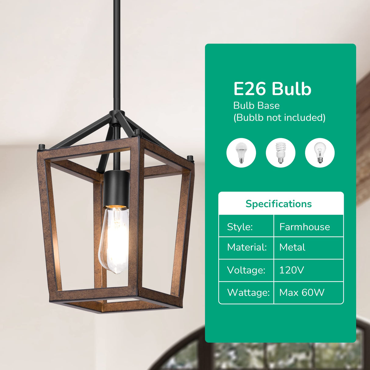 EDISHINE Pendant Lights for Kitchen Island, 1-Light Farmhouse Cage Hanging Light Fixtures, Rustic Wood with Brown Finish, Adjustable Height Pendant Light for Dining Room, Allway and Foyer EDISHINE