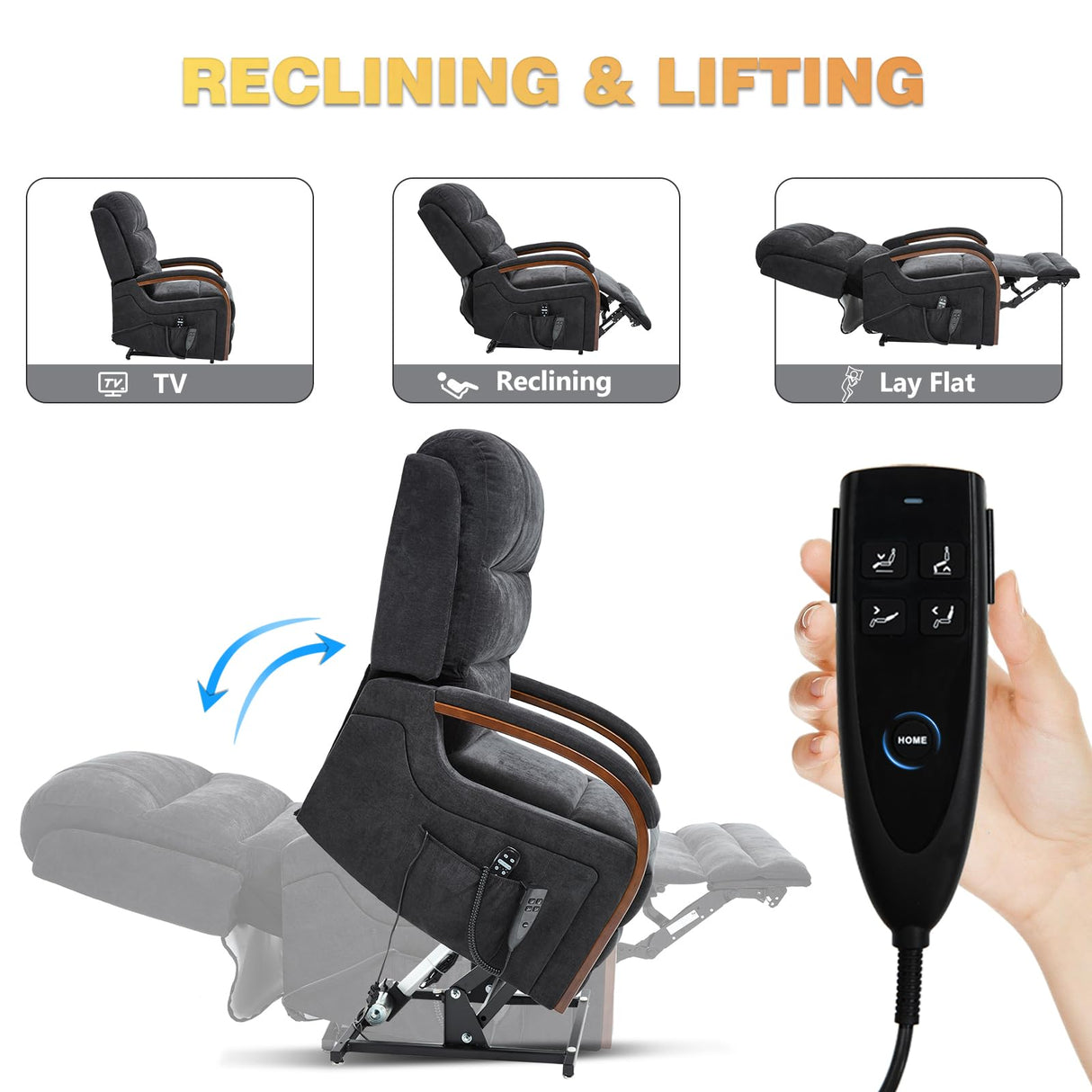 Trustyue Dual Motor Power Lift Recliner Chair, Lift Chair with Massage and Heat for Elderly, Lay Flat Recliner, Standing Assistance, Infinite Position Reclining, Living Room Chair, Chenille, Black Trustyue