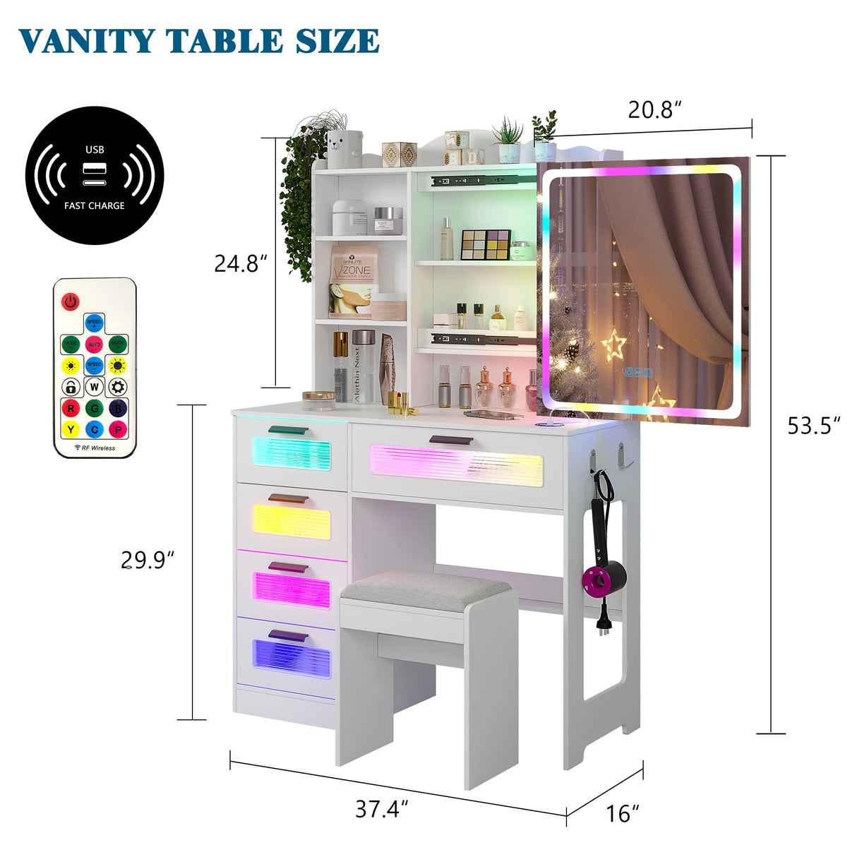 WOOVIVS Vanity Desk with Lights and Sliding Vanity Mirror, Makeup Vanity Desk with Charging Station, Vanities Dressing Table with Stool, Vanity Set with Large Drawers&Shelves for Bedroom, White WOOVIVS