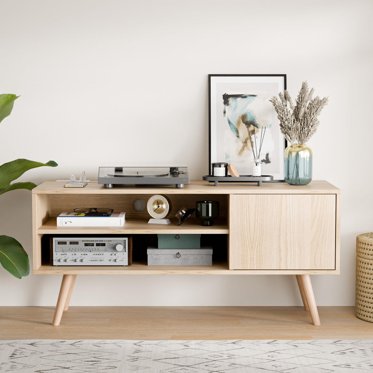 Cozy Castle TV Stand for 50 Inch TV, Mid Century Modern Entertainment Center with Storage Cabinet, TV Media Console with Charging Station for Living Room, Bedroom, Oak Cozy Castle