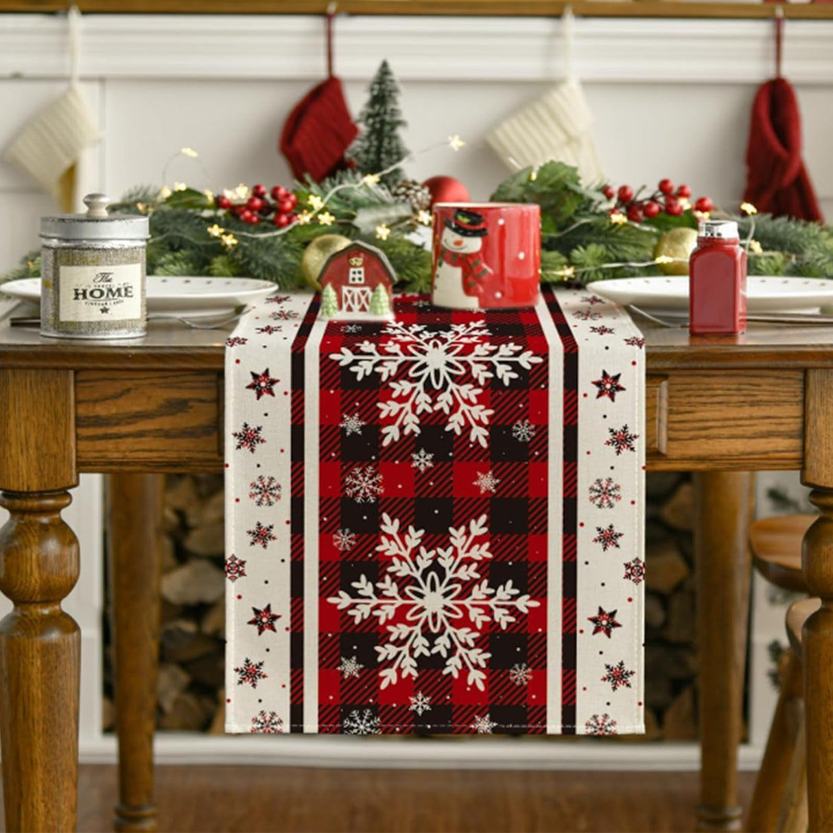 Niviy Snowflakes Christmas Table Runner with Buffalo Plaid, Winter Xmas Holiday Kitchen Dining Table Decoration for Indoor Outdoor Home Party Decor 13 x 72 Niviy