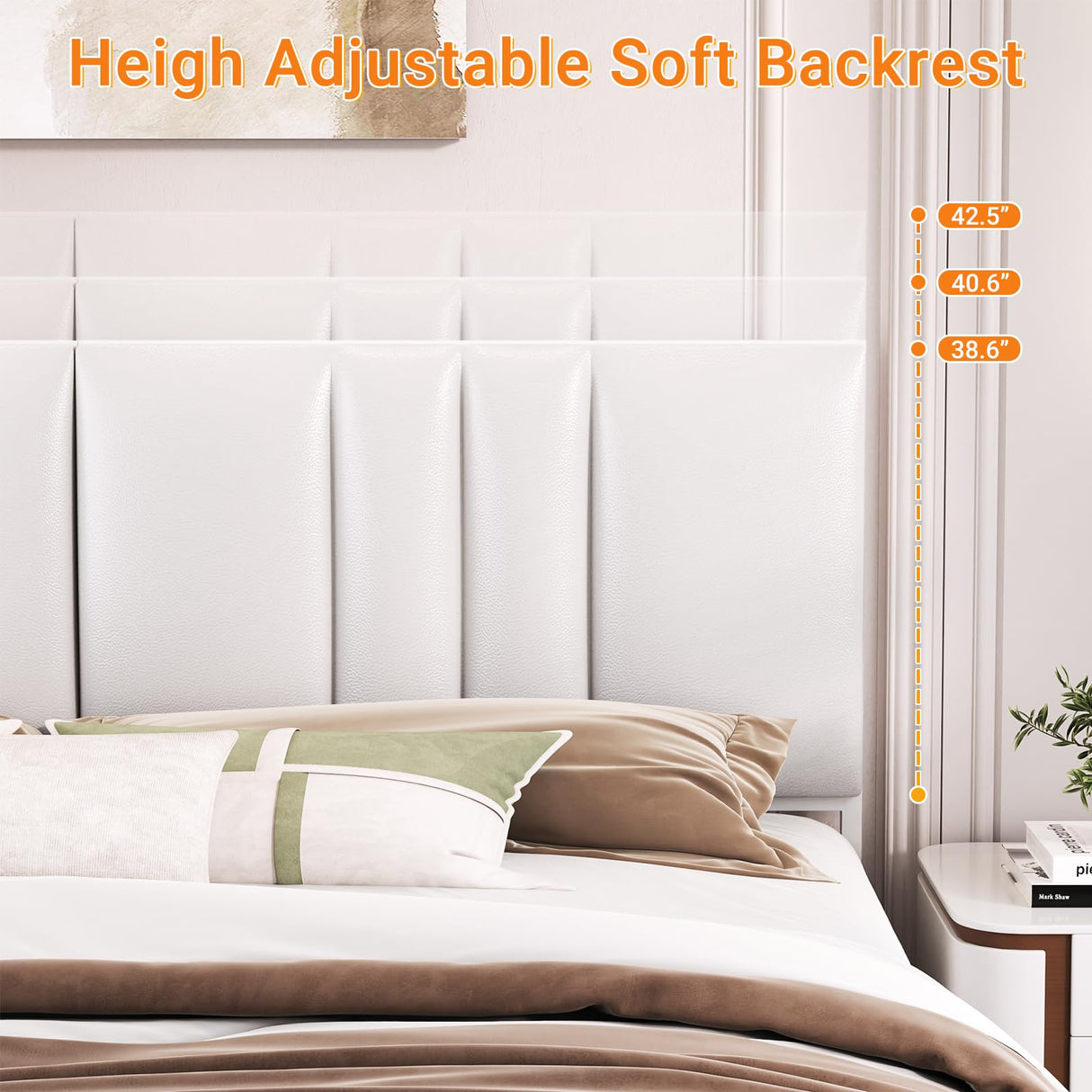 Cyclysio King Metal Bed Frame with Headboard, King Size Bed Frame with Charging Station and LED Lights, Height Adjustable PU Leather Headboard, Strong Metal Slats Support, No Box Spring Needed, White Cyclysio