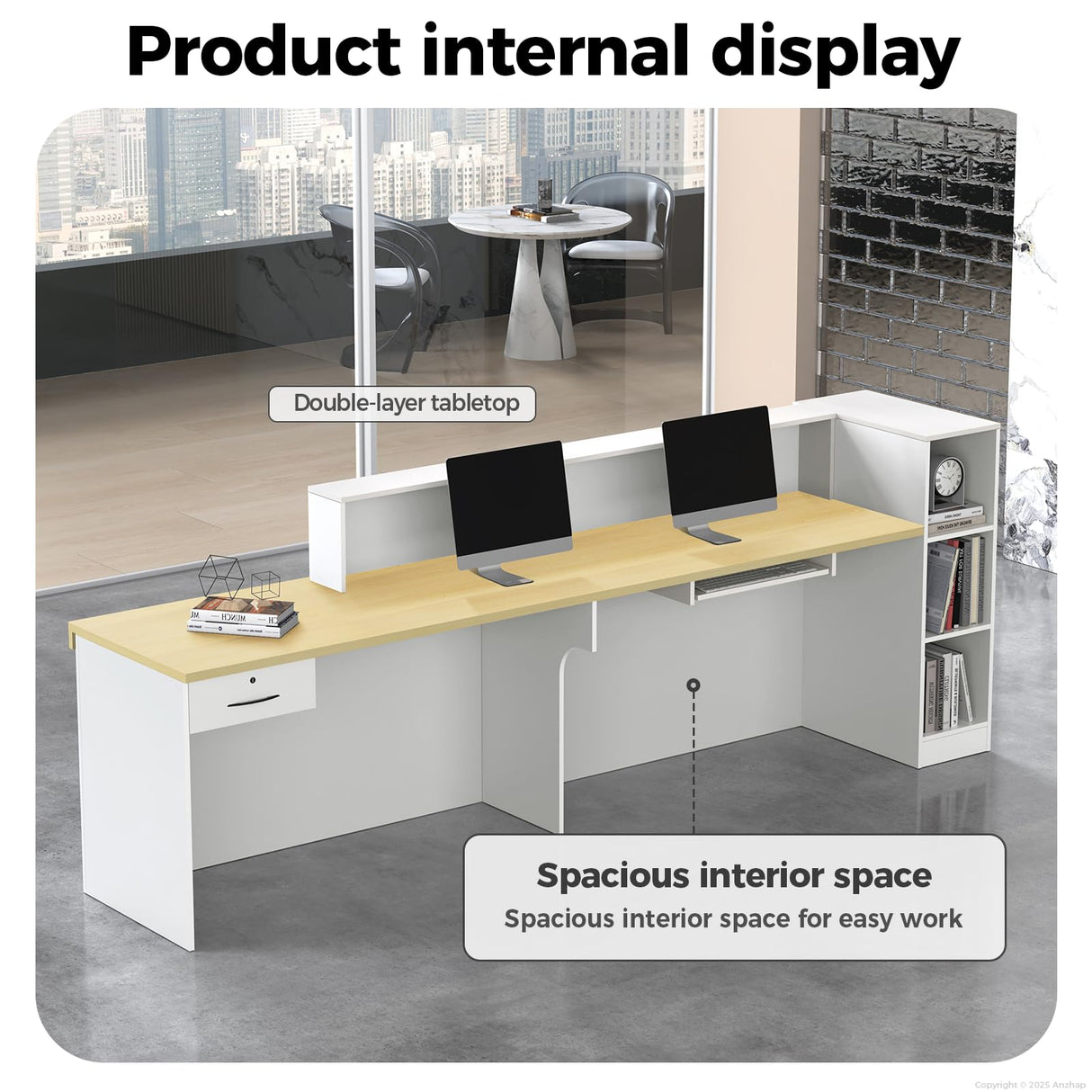 Anzhap L-Shaped Standing Reception Desk with LED Lights, Front Desk Reception Counter with Drawer, Open Storage Cabinets for Office, Salon, Lobby (Maple + White/Right, 71" L * 24" W * 39" H) Anzhap
