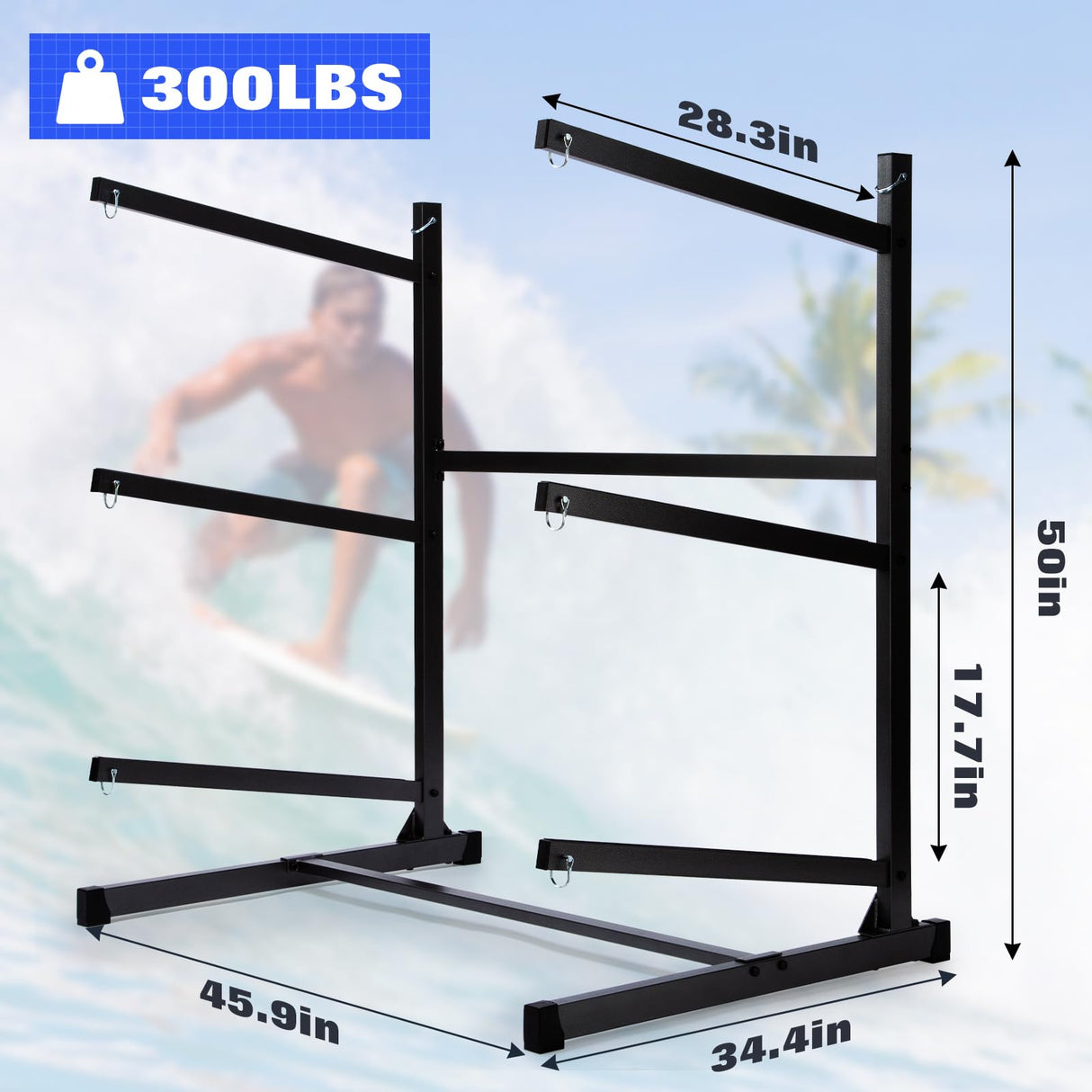 Morohope Freestanding Kayak Storage Rack Kayak Tackle Storage Heavy Duty Weatherproof Outdoor Storage Rack Storage Hooks for Kayaks, SUP, Canoe Paddleboard, 3 Levels, Black, SL35003BK Morohope