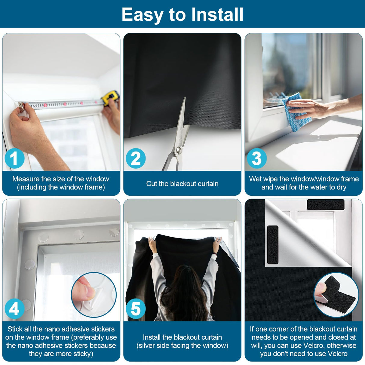 100% Blackout Curtains for Bedroom, Portable DIY Window Blinds, No Drill Window Shades & Blackout Blinds with Stickers & Tabs for Travel, Dorm Room, Media Room (118" x 57") Petaholic