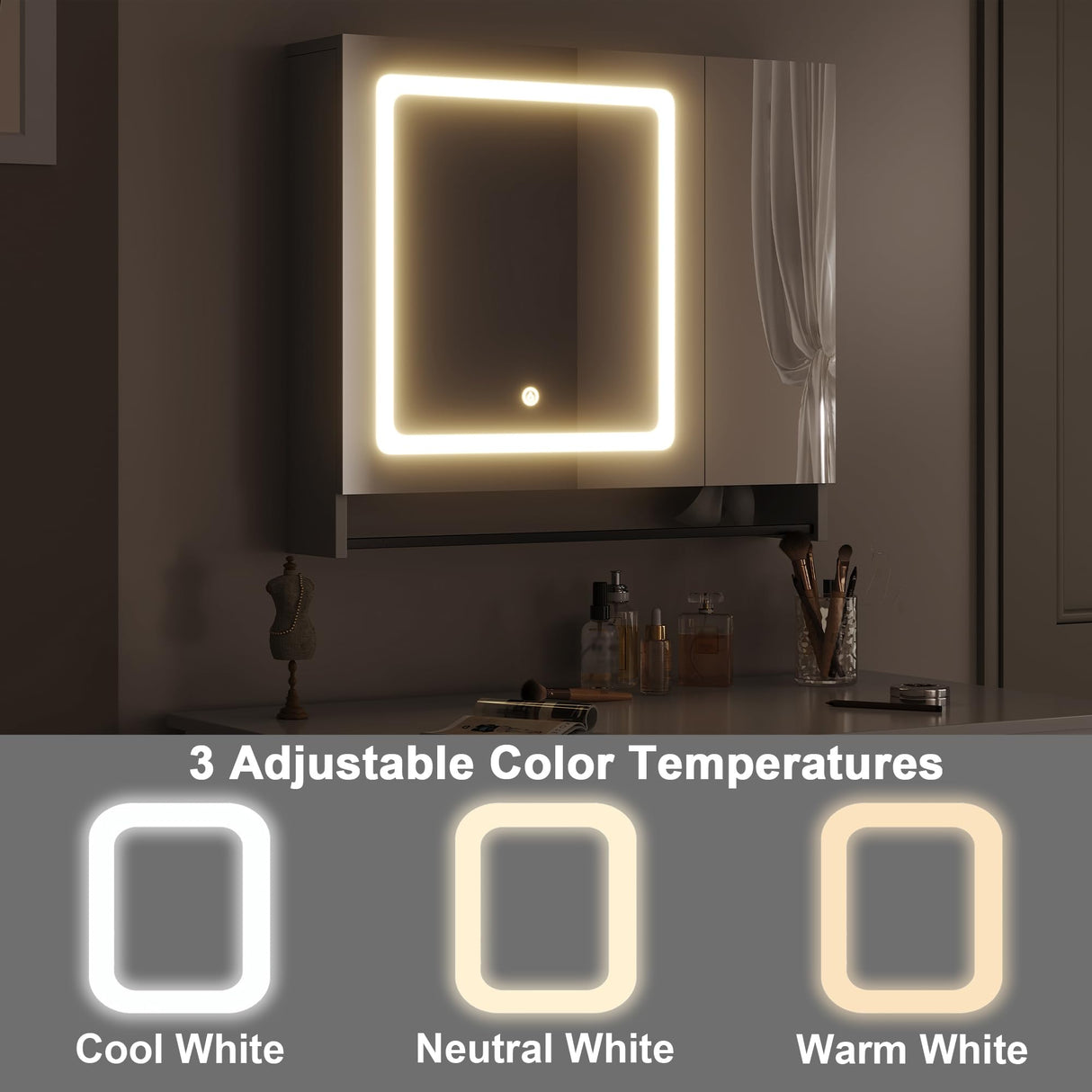 ChooChoo Lighted Bathroom Medicine Cabinet with Mirror, Wall-Mounted Bathroom Wall Cabinet with Mirror Doors, LED Lights, Adjustable Shelves, Towel Bar, White ChooChoo